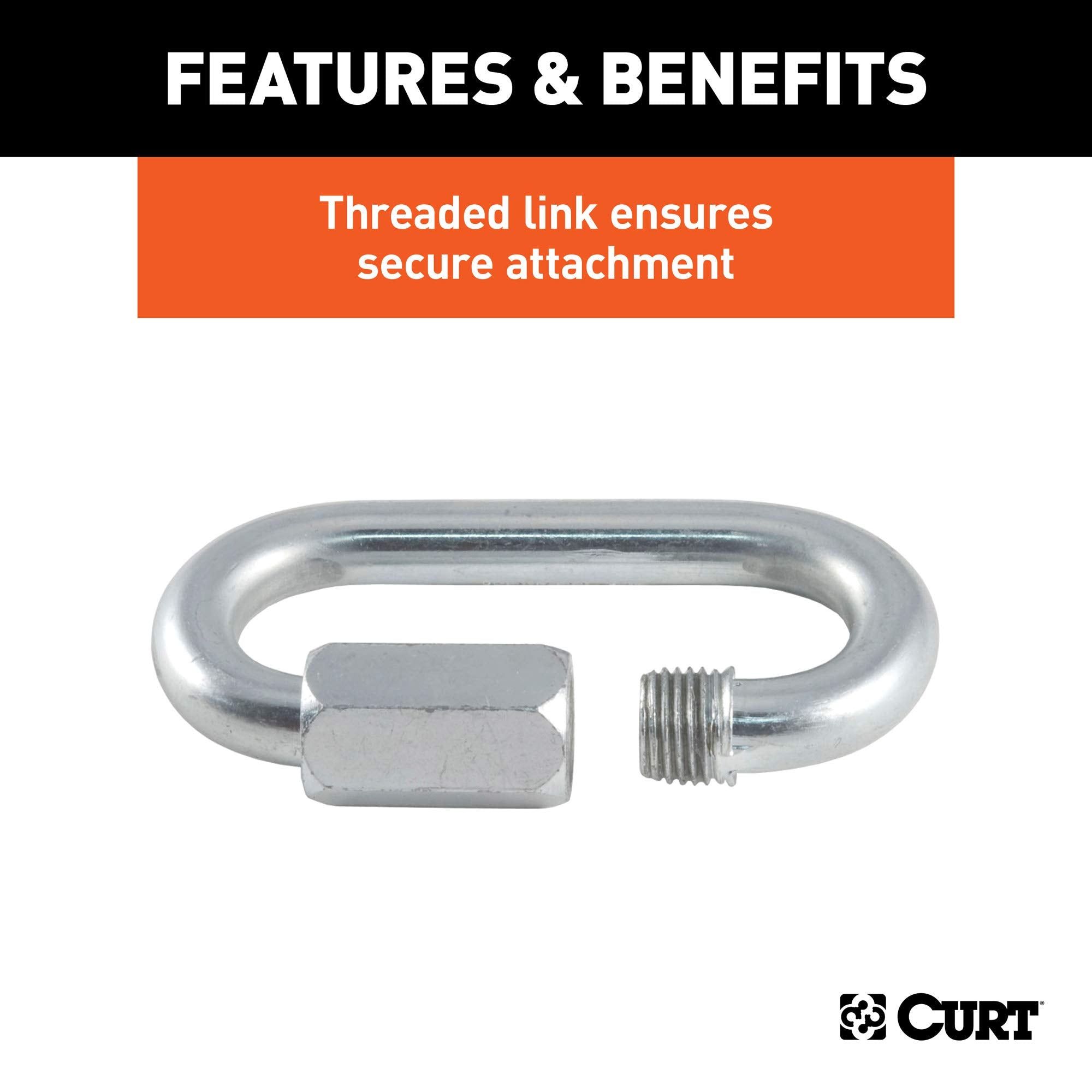 CURT Threaded Quick Link 82901 Trailer Safety Chain Hook Carabiner Clip, 5/16-Inch Diameter, 1760 lbs Break Strength, CLEAR ZINC