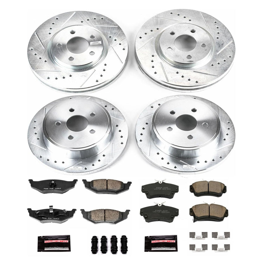 Power Stop K1708 Z23 Carbon Fiber Brake Pads Front and Rear with Drilled & Slotted Brake Rotors Kit For Chrysler PT Cruiser 2003-2009, Dodge Neon 2003-2005 [Model Specific]