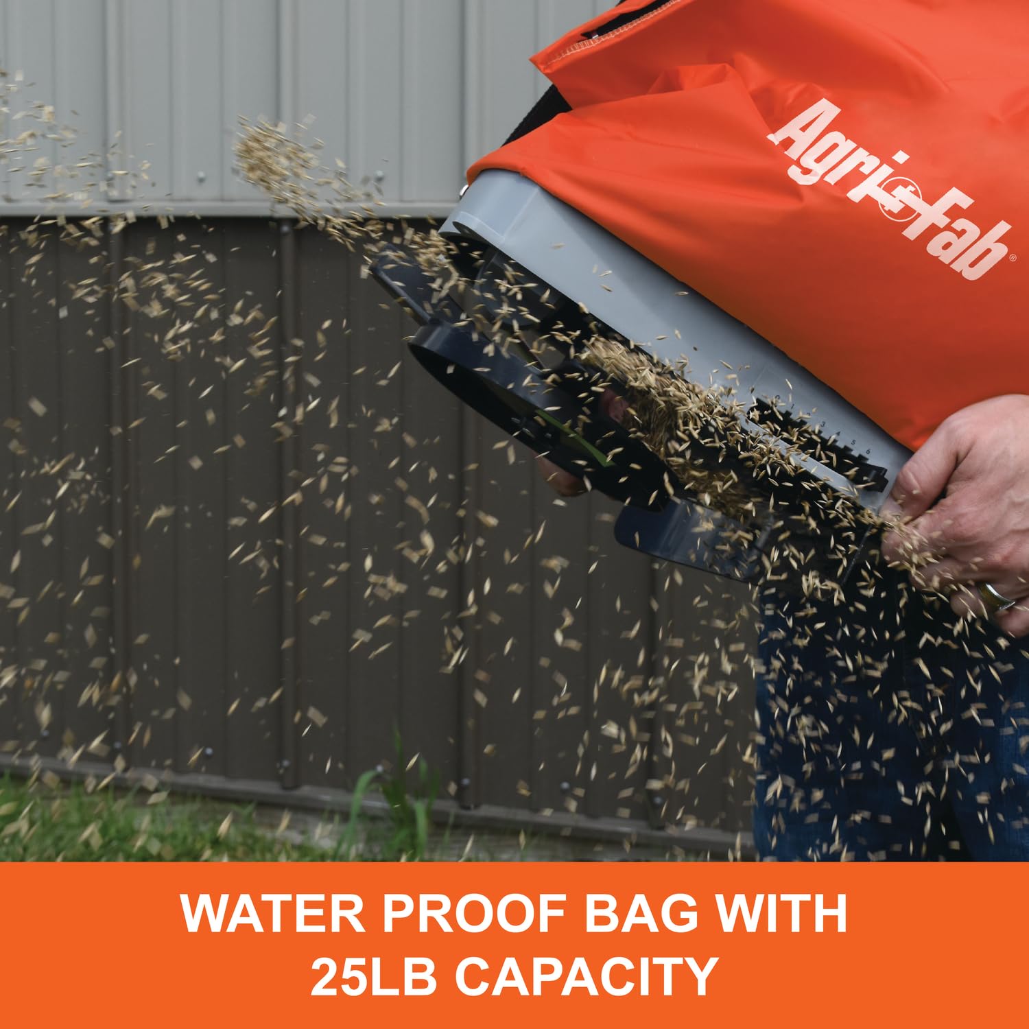 25 lb. Agri-Fab Handheld Bag Seeder Spreader with Waterproof Bag, Enclosed Gears, Adjustable Shoulder Strap, Rear Baffle, Orange