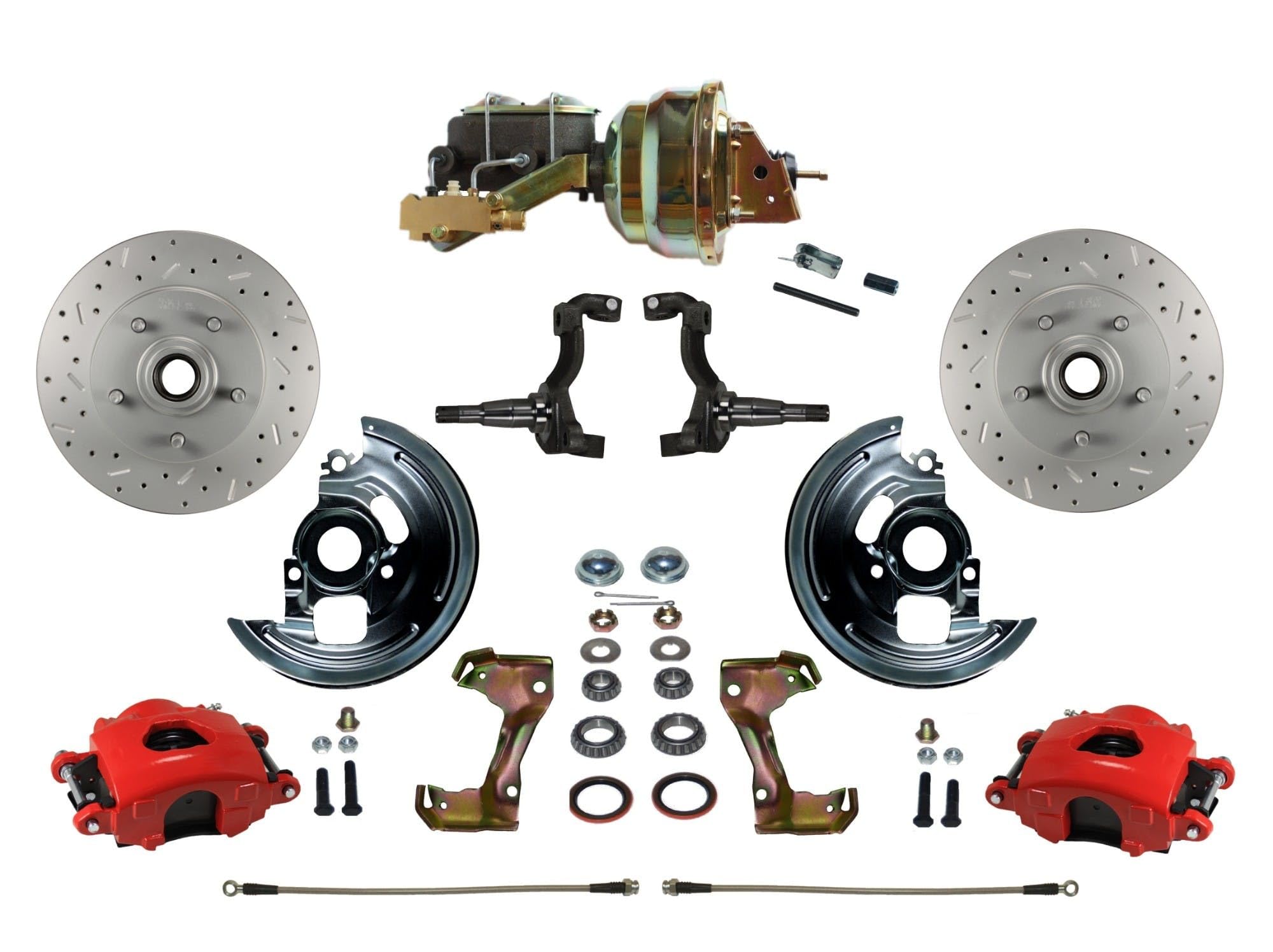 Power Front Disc Brake Kit Leed Brakes Drilled And Slotted Rotors Red Powder Coated Calipers With 8" Dual Booster Disc/Disc