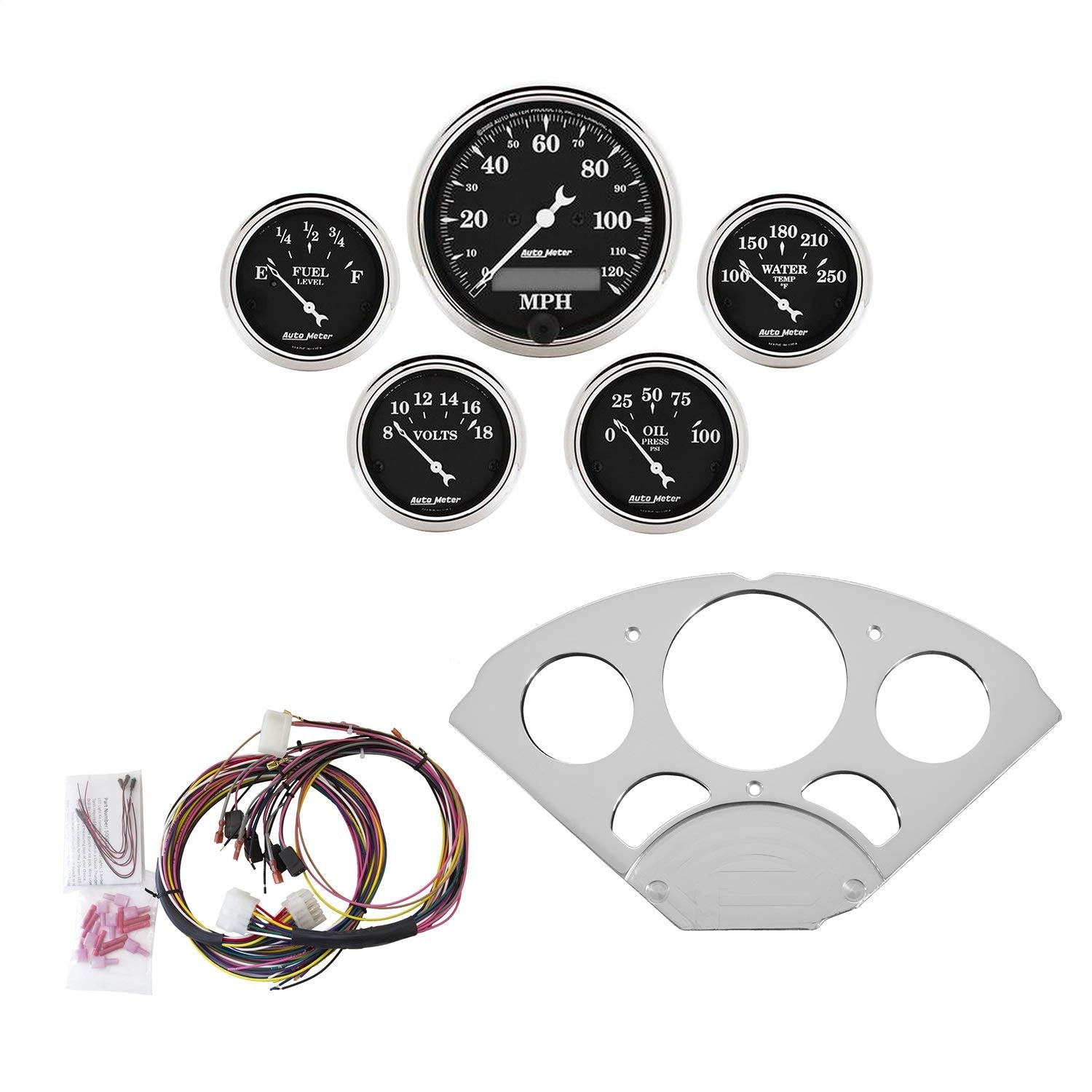 Gauge Kit AutoMeter 7033-OTB, 5 Pc, Chevy Car 55-56, Mph/Fuel/Oilp/Wtmp/Bat, OTB