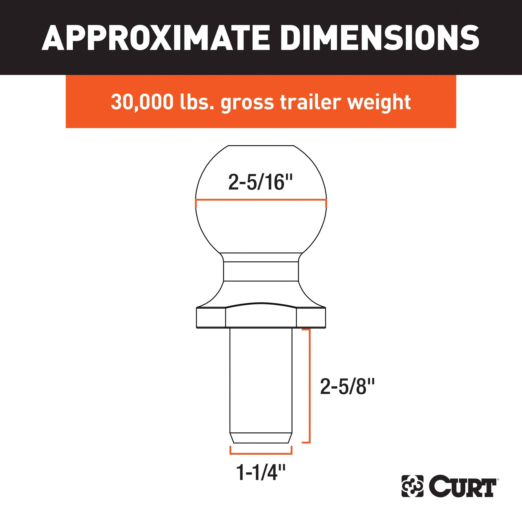 CURT 40085 Trailer Hitch Ball Raw Steel, 30,000 lbs, 2-5/16-Inch Diameter, 1-1/4 x 2-5/8-Inch Shank
