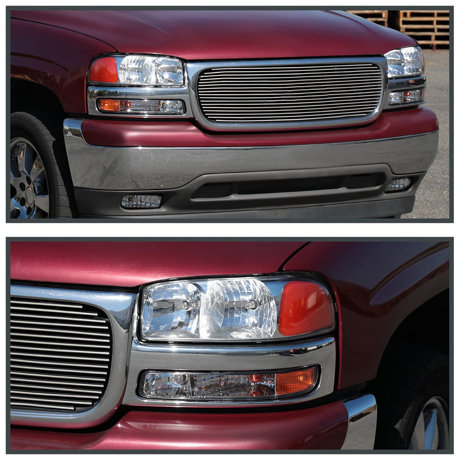 Chrome Headlights + Bumper Lights SPEC-D TUNING Compatible with 1999-2006 GMC Sierra 1500 2500 3500, Left + Right Pair Headlamp Assembly