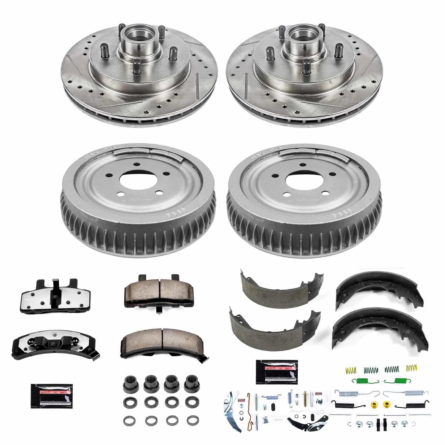 Power Stop K15036DK-36 Z36 Truck & Tow Front and Rear Brake Kit, Carbon Fiber Ceramic Brake Pads and Drilled/Slotted Brake Drums For Chevrolet Express 1500, GMC Savana 1500 [Model Specific]
