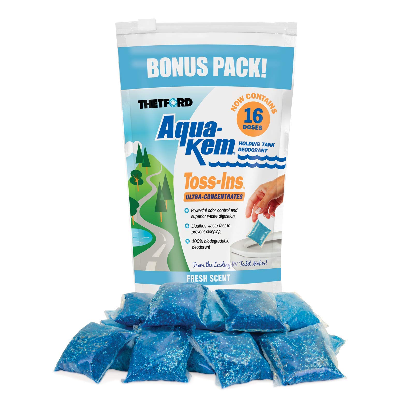 Aqua-KEM Toss-Ins Fresh Scent RV Holding Tank Treatment - Deodorant/Waste Digester/Detergent - Pack of 16 - Thetford 96561
