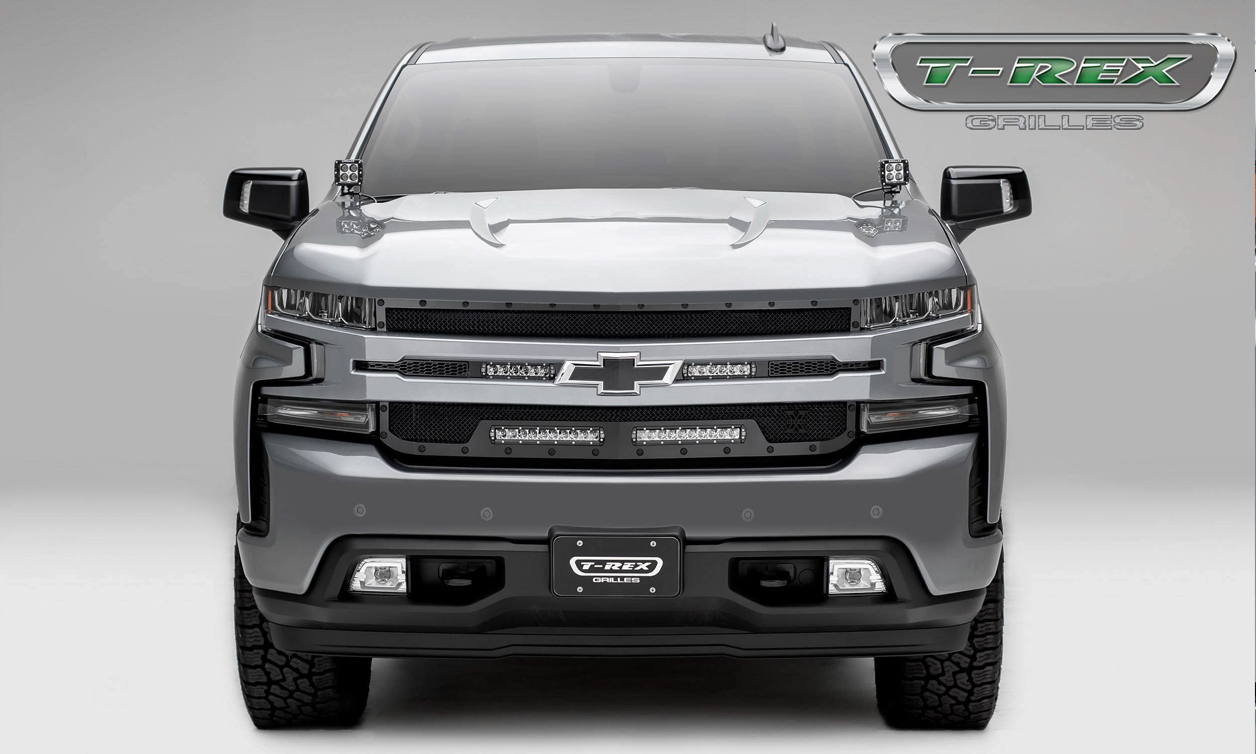 T-Rex Grilles Stealth Torch Grille 2019-2022 Silverado 1500, Black, 1 Pc, Replacement, Black Studs with (2) 6 Inch and (2) 10 Inch LEDs, Does Not Fit Vehicles with Camera - PN #6311261-BR