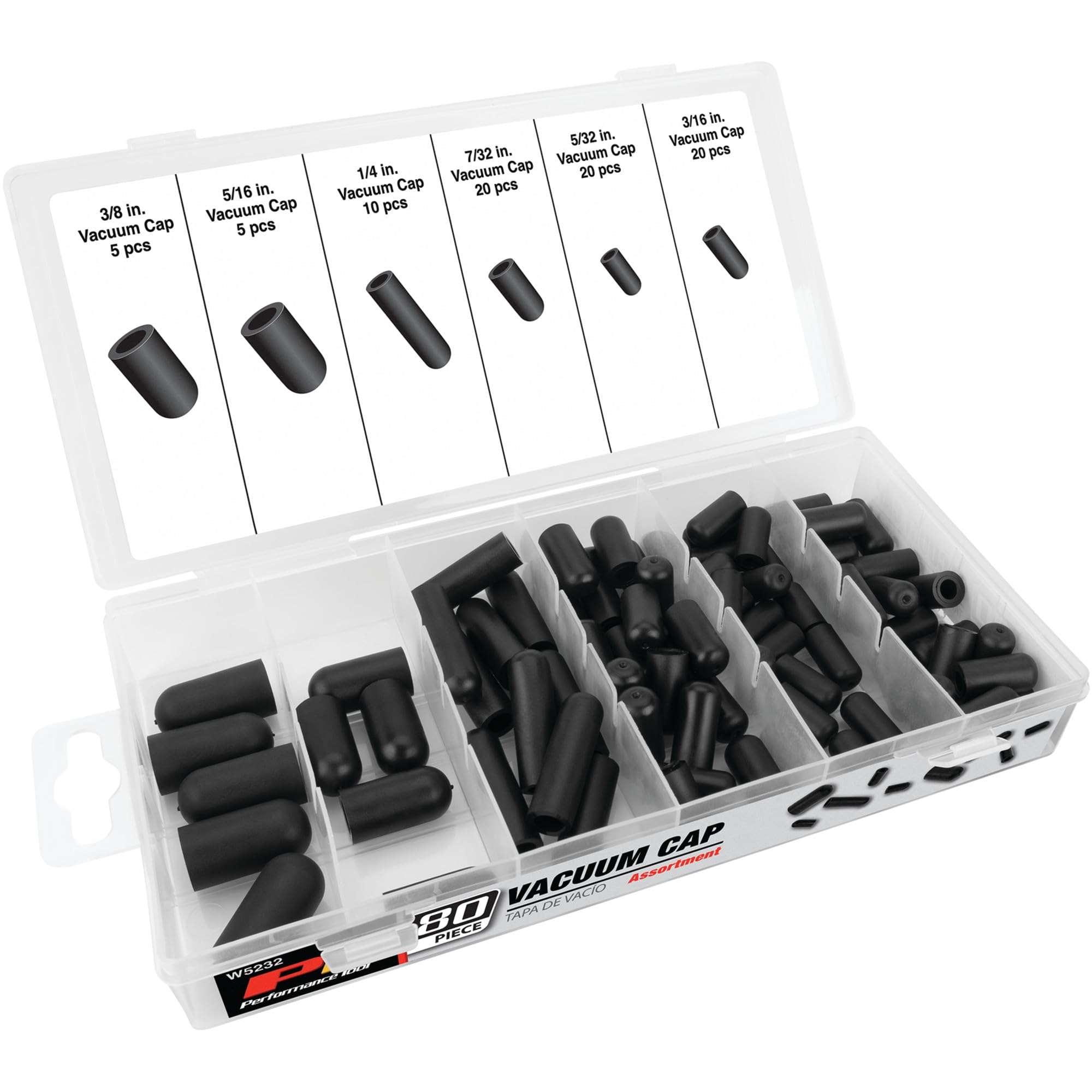W5232 Performance Tool Vacuum Cap Assortment (80 Piece), Black