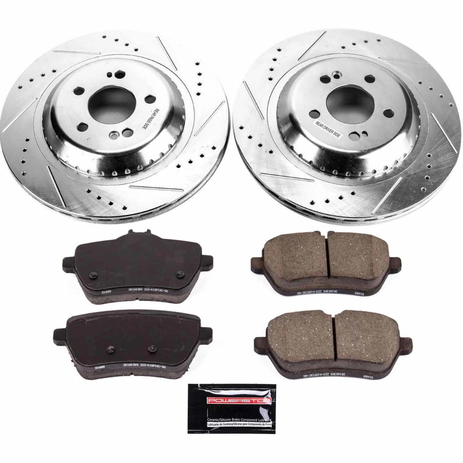 Power Stop K7181 Z23 Carbon Fiber Brake Pads Rear with Drilled & Slotted Brake Rotors Kit and 1 Rear Sensor Wire For Maybach S, Maybach S560, S550, S550e [Model Specific]