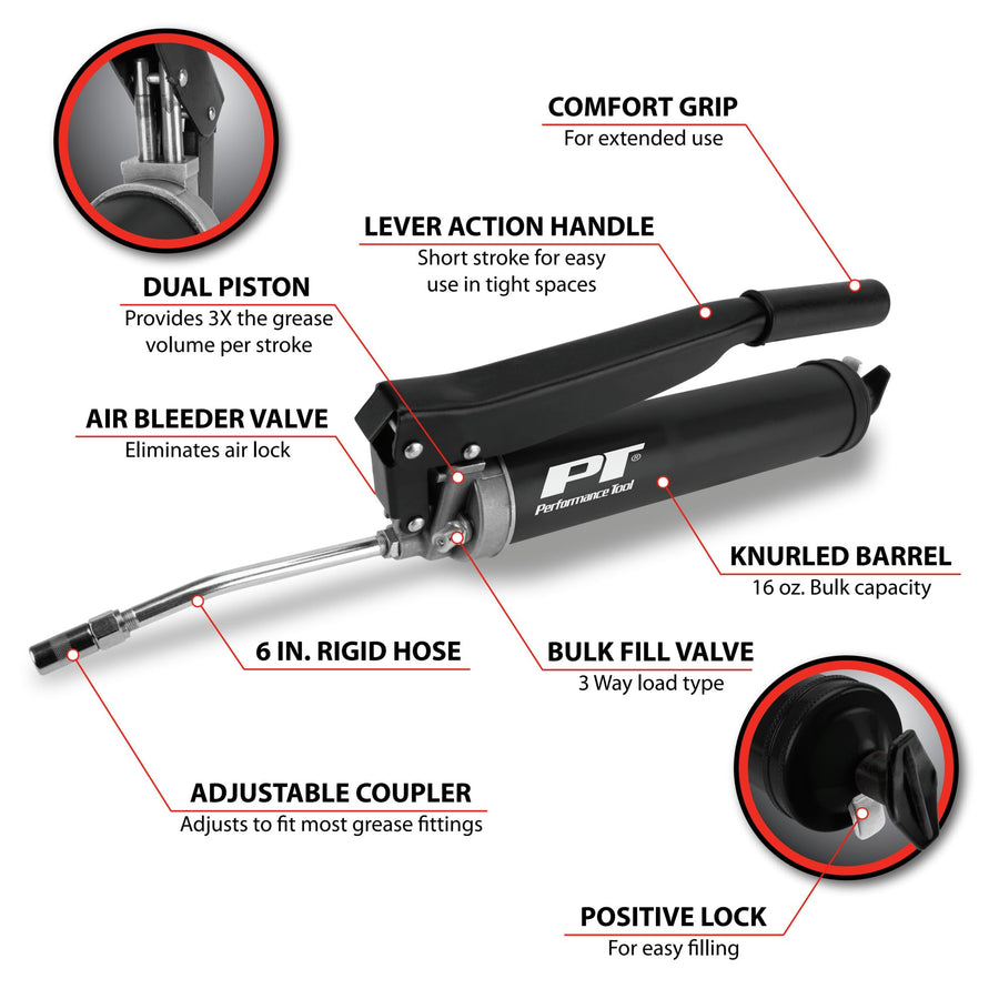 Heavy Duty Performance Tool W54296 Lever Action Grease Gun with Dual Piston Design and 10,000 PSI Operating Pressure for Efficient Lubrication