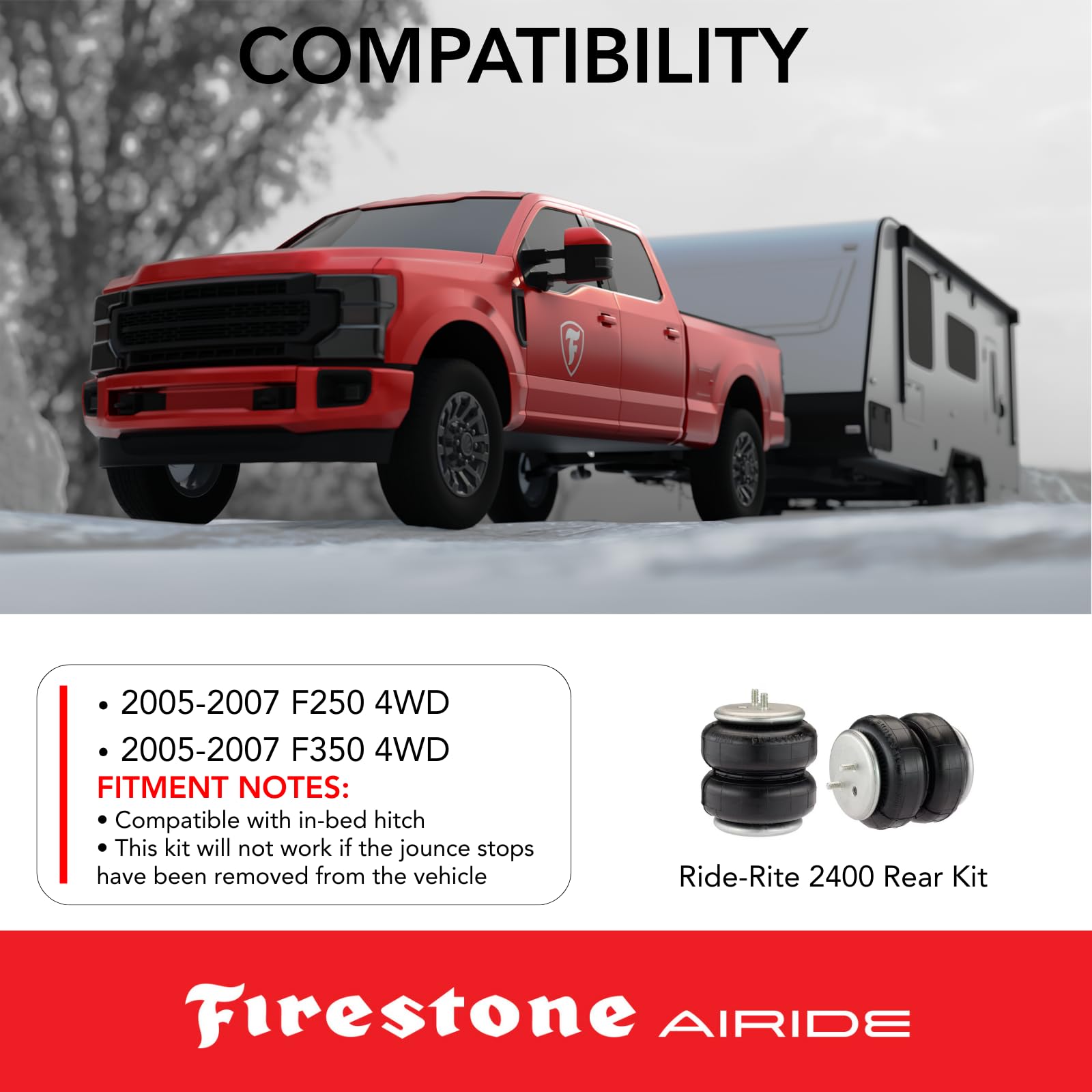 Firestone 2400 Airide Ride-Rite Rear Air Springs Kit fits 2005-2007 F250 F350 4WD | 5-100 PSI | Load Capacity of 5,000 Pounds | No Drill Installation | Enhances Brake Effectiveness