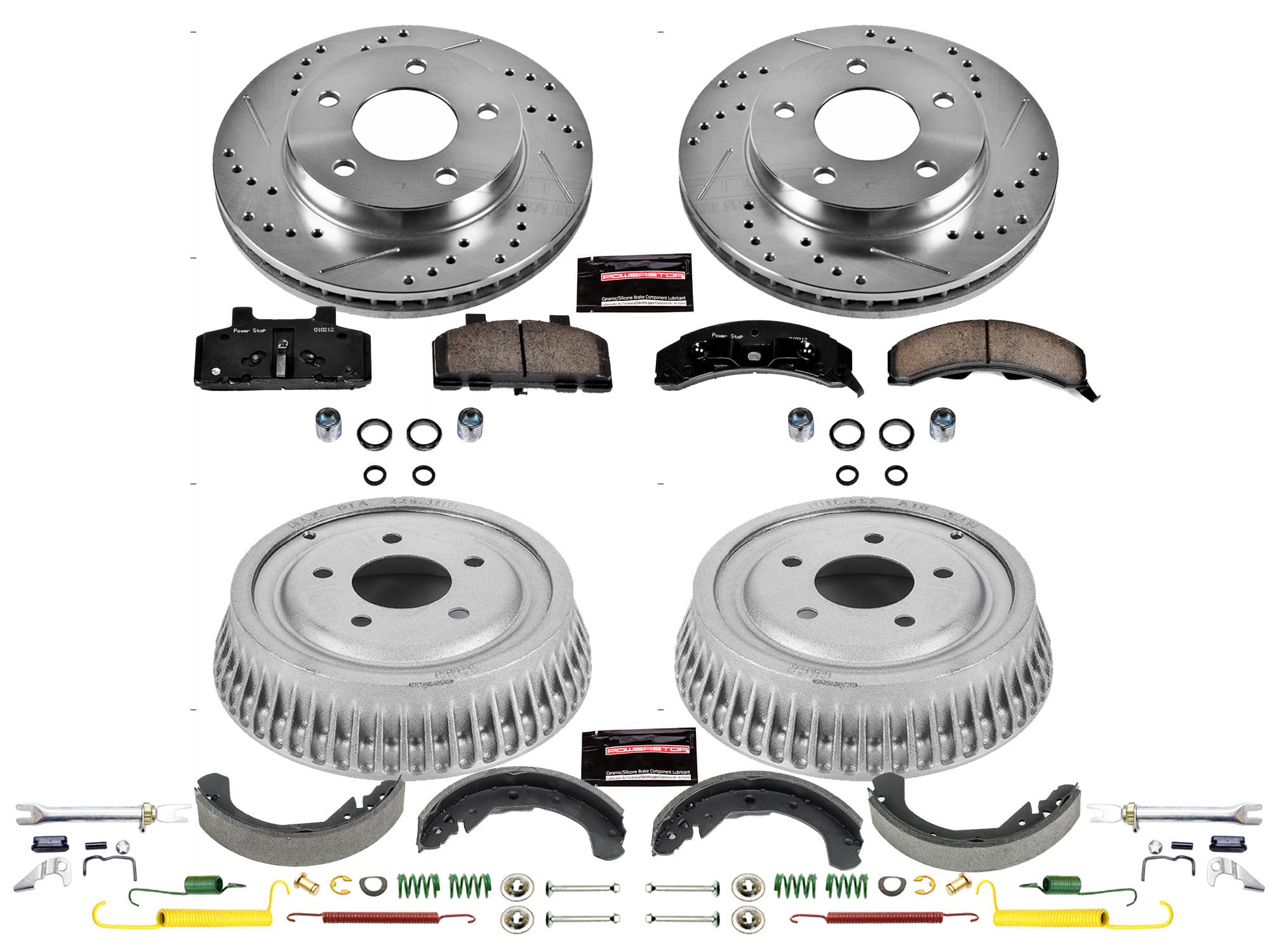 Power Stop K15084DK Z23 Carbon Fiber Brake Pads Front and Rear with Drilled & Slotted Brake Drums Kit For Buick LeSabre, Cadillac DeVille, Oldsmobile 98, Pontiac Bonneville [Model Specific]