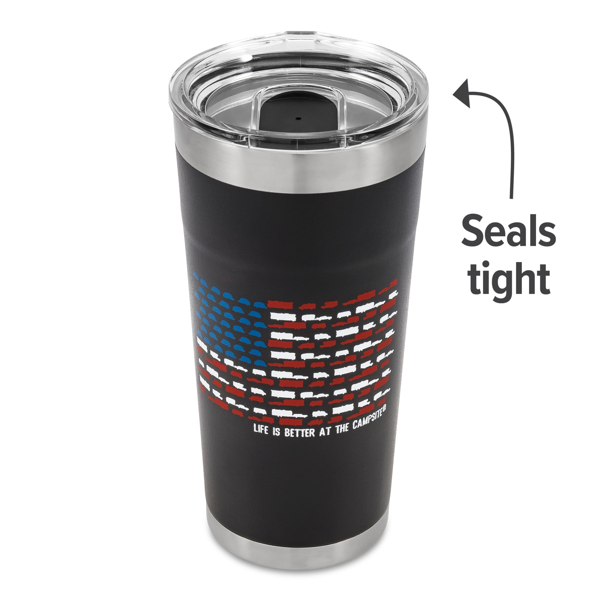 Wrapped Stainless Steel Tumbler Camco Life is Better at The Campsite - Features Double Wall Vacuum Insulation for Heat/Ice Retention & Unique RV USA Flag Design - Holds 20 oz. (53065)