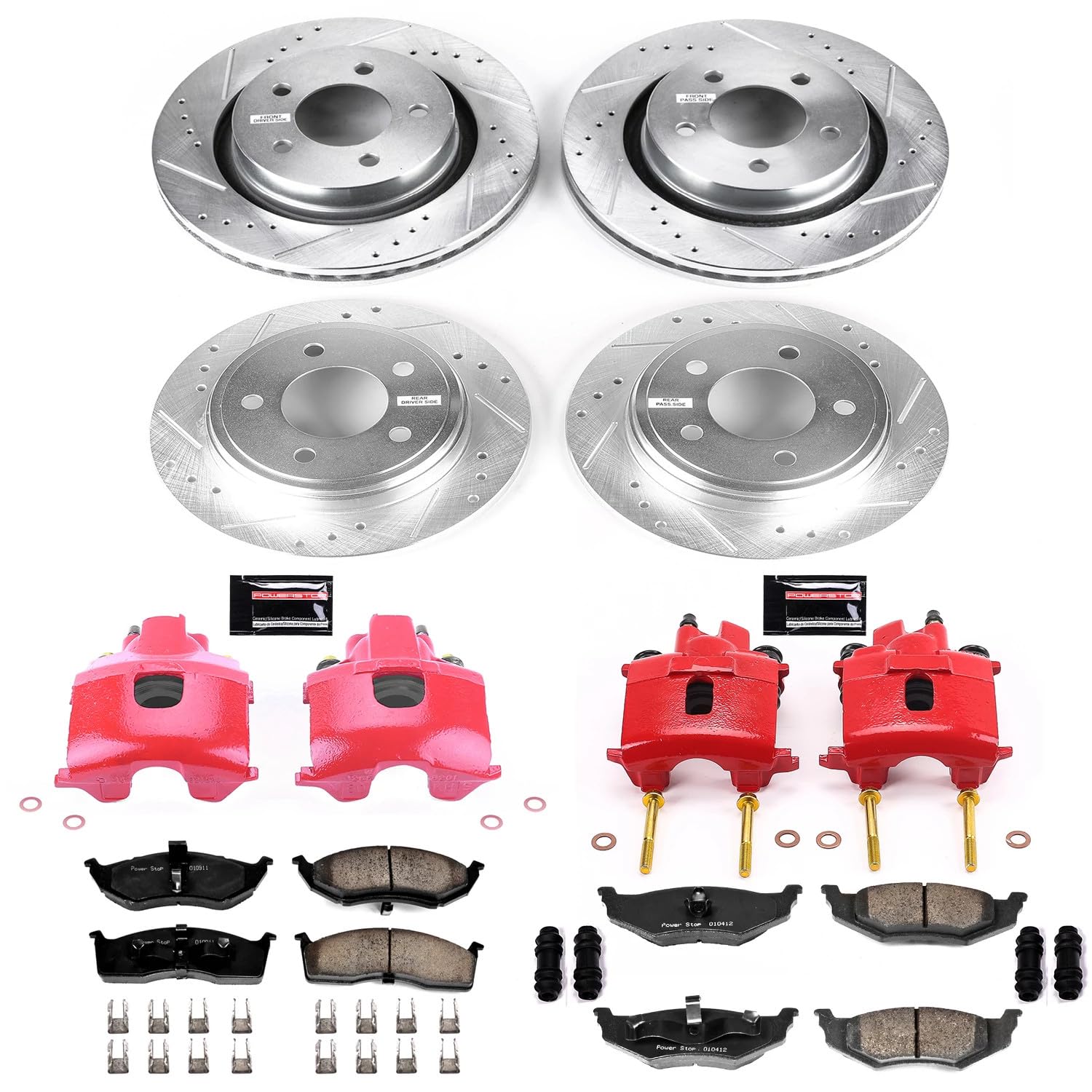 Power Stop Z23 Evolution Sport Brake Upgrade Kit Front and Rear with Powder Coated Calipers For Chrysler 300M 1999-2002, Chrysler LHS 2001 [Model Specific]