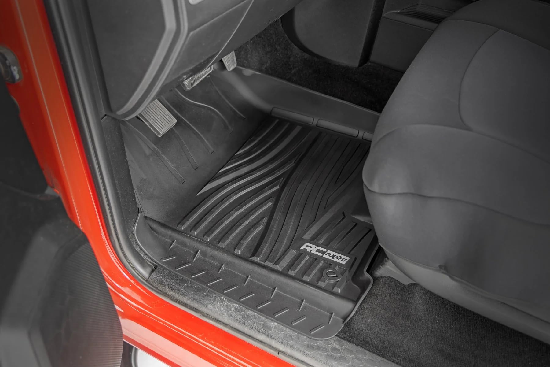 Flex-Fit Rough Country Floor Mats for Ram 1500 (2009-2018) Crew Cab - Front & Rear Set, Custom All-Weather Non-Slip TPE Liners with Spill Saver Lip