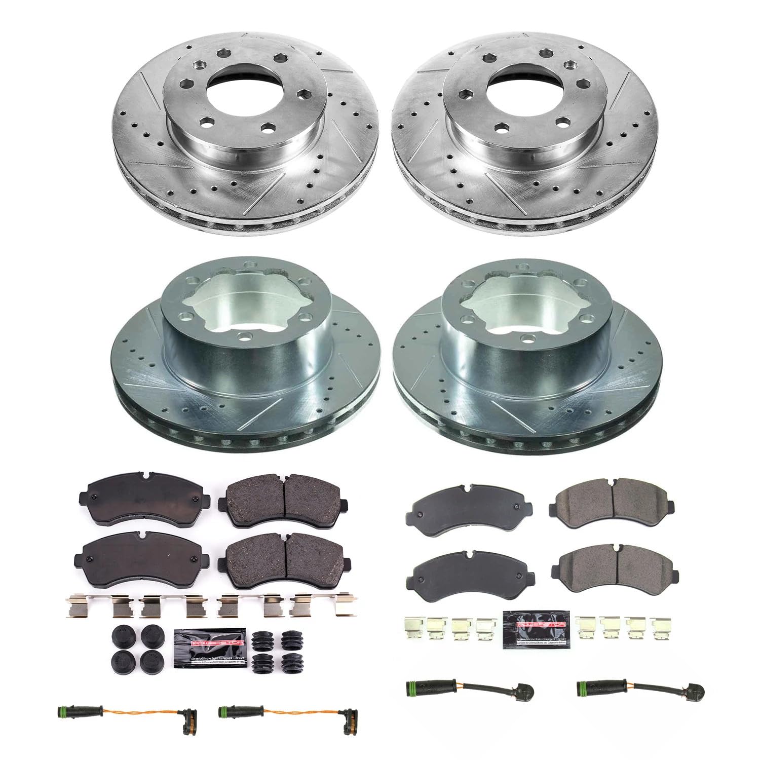 Power Stop K8450 Front and Rear Carbon-Fiber Ceramic Brake Pad and Drilled and Slotted Rotor Z23 Daily Driver Kit and 2 Front & 2 Rear Sensor Wires