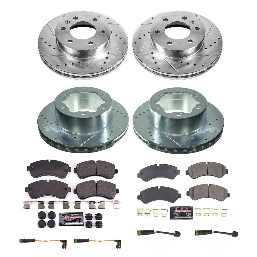 Power Stop K8450 Front and Rear Carbon-Fiber Ceramic Brake Pad and Drilled and Slotted Rotor Z23 Daily Driver Kit and 2 Front & 2 Rear Sensor Wires