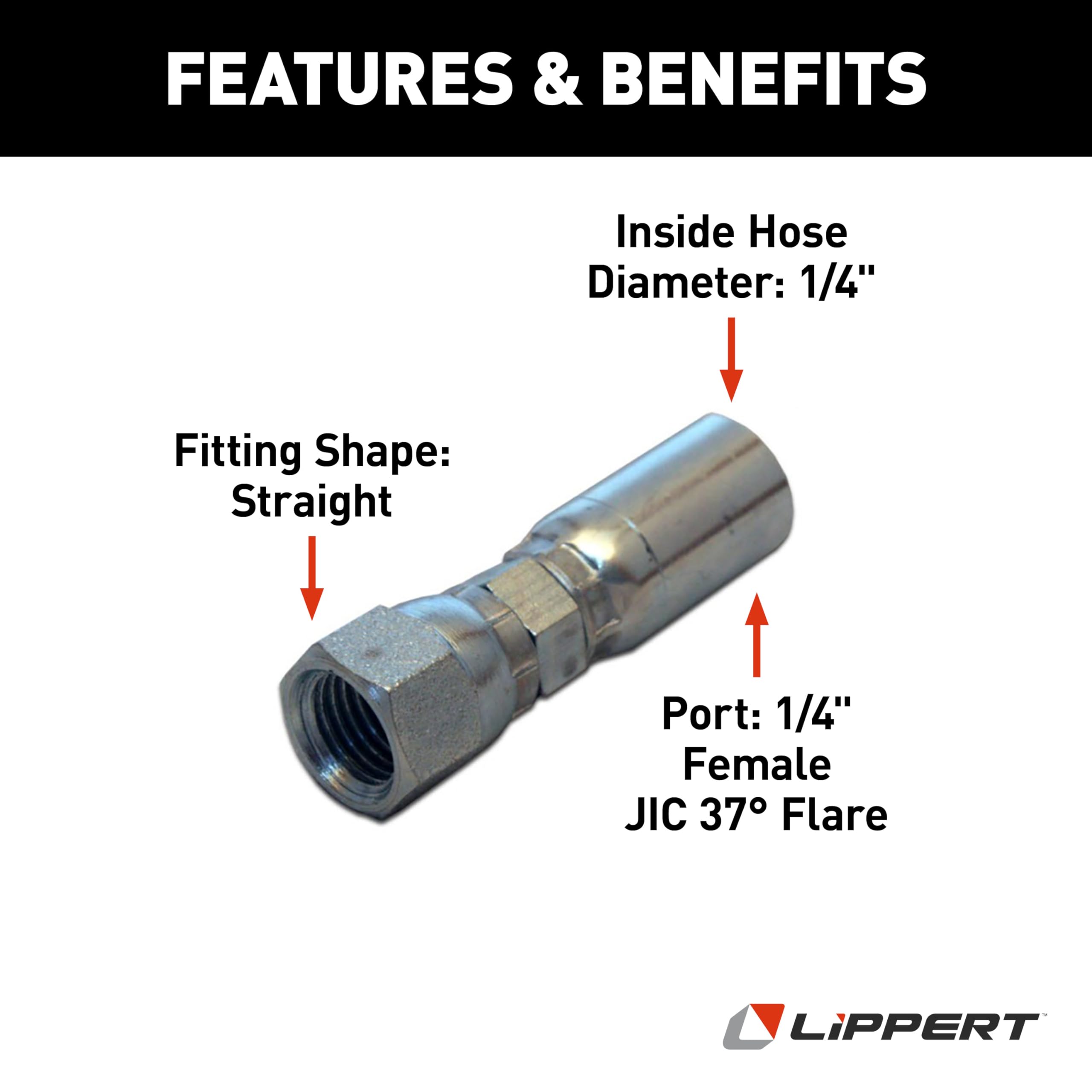 Hydraulic Hose End Fitting Lippert Level Up® with Crimp-On Coupling, 1/4” Inside Diameter, Straight Fitting Shape, 1/4" Female JIC 37° Flare Port - 138416