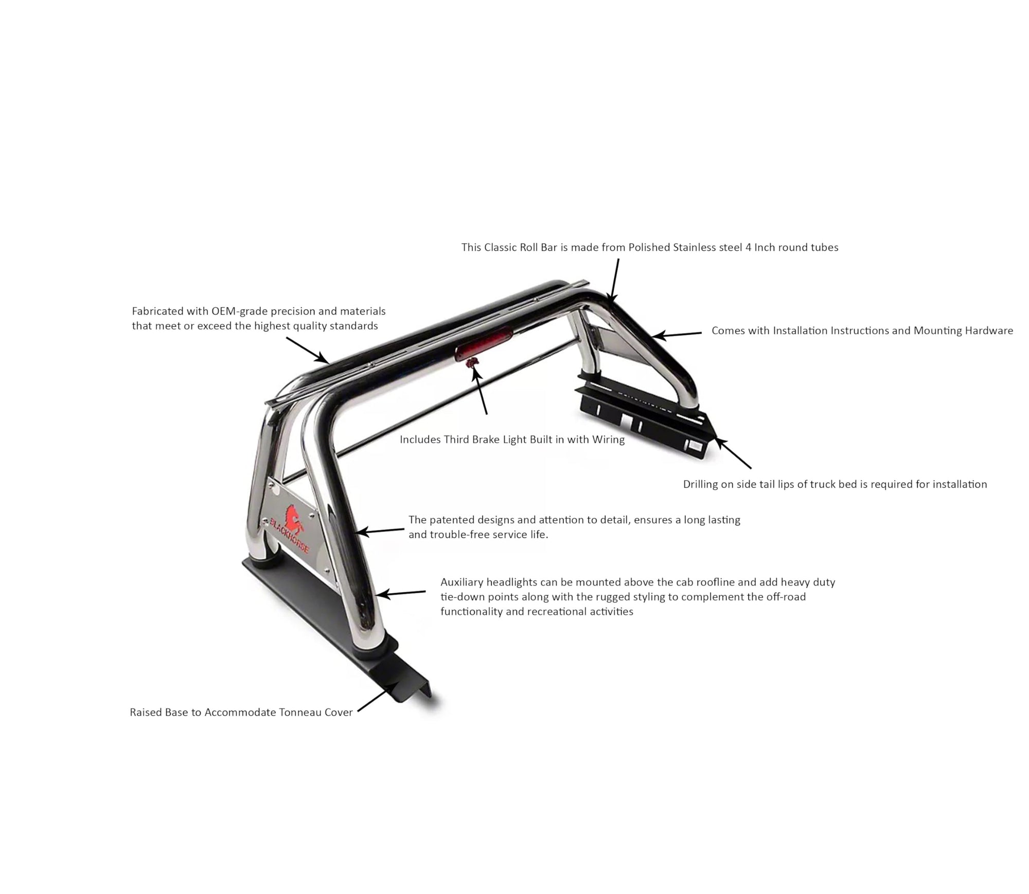 Classic Black Horse Roll Bar Stainless Steel Compatible with 2015-2022 GMC Canyon|2015-2022 Chevrolet Colorado-RB005SS