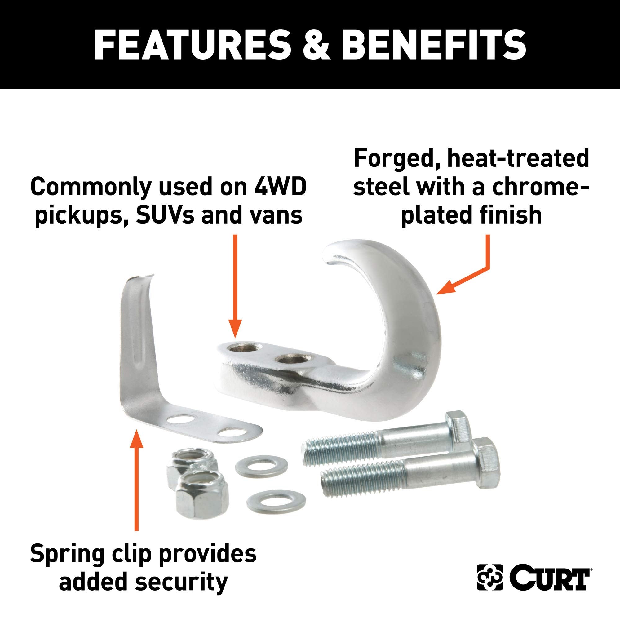 CURT Bolt-On Chrome Steel Tow Hook with Spring Clip, 10,000 lbs Capacity 22401