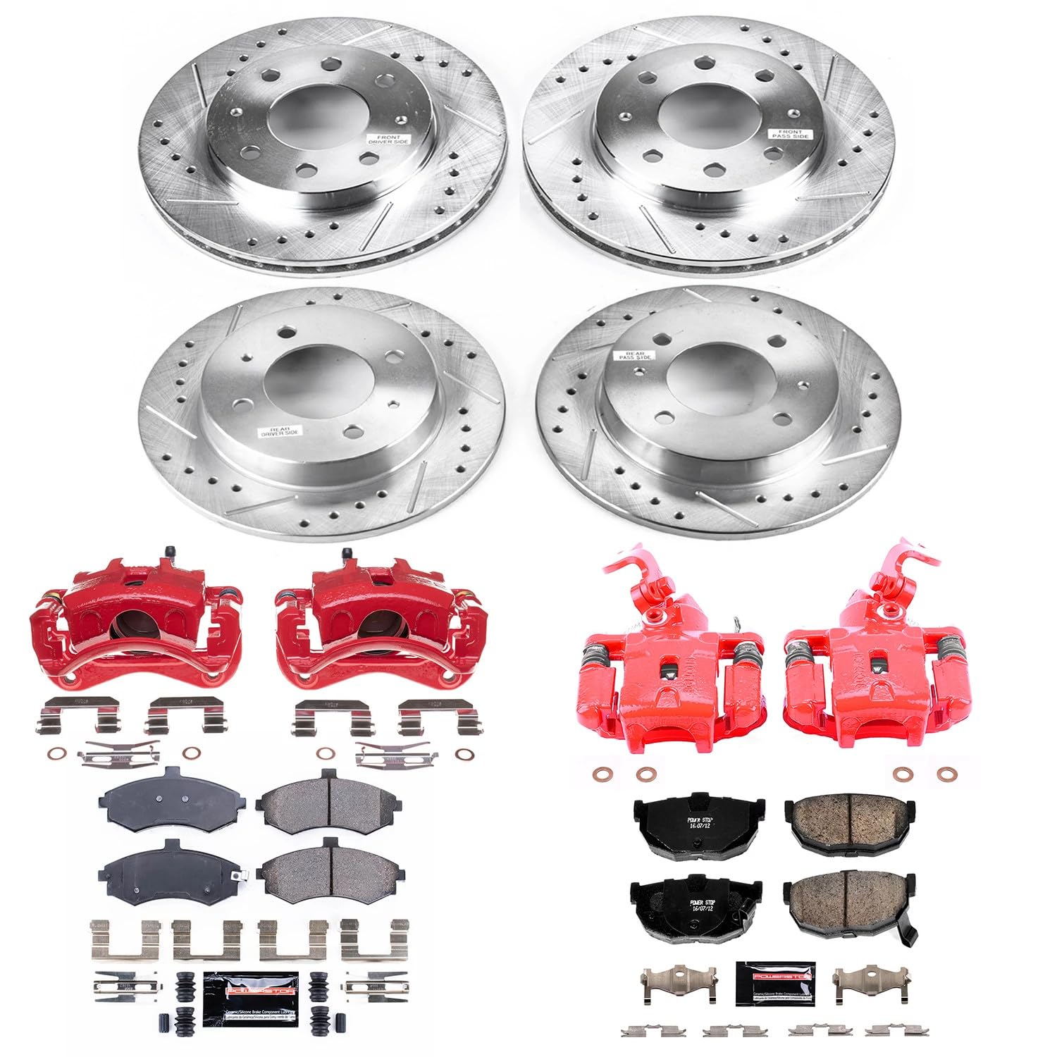 Power Stop Z23 KC2779A Evolution Sport Front and Rear Caliper Kit-Drilled/Slotted Rotors | Carbon Ceramic Brake Pads | Calipers For Hyundai Elantra 2003-2005 [Vehicle Specific]