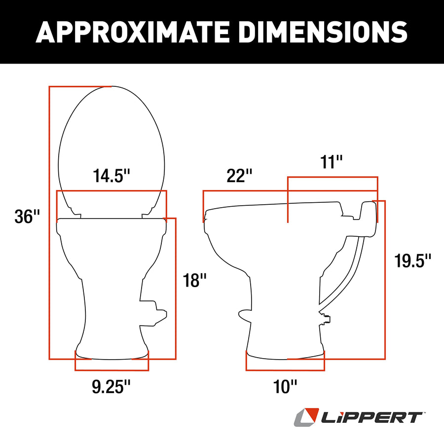 Lippert RV Toilet Flow Max with Elongated Ceramic Bowl, 18" Standard Profile, Full-Size Residential Seat, Easy-Close Lid, Efficient Flush - 2022113192