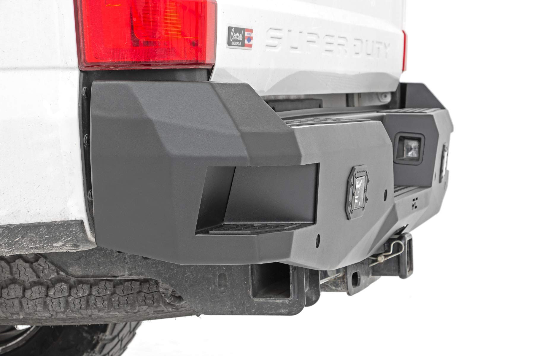Heavy Duty Rough Country Rear LED Bumper for Ford F-250/F-350 SuperDuty (2017-2022) - Integrated Steps, Flush Mount LED Lights
