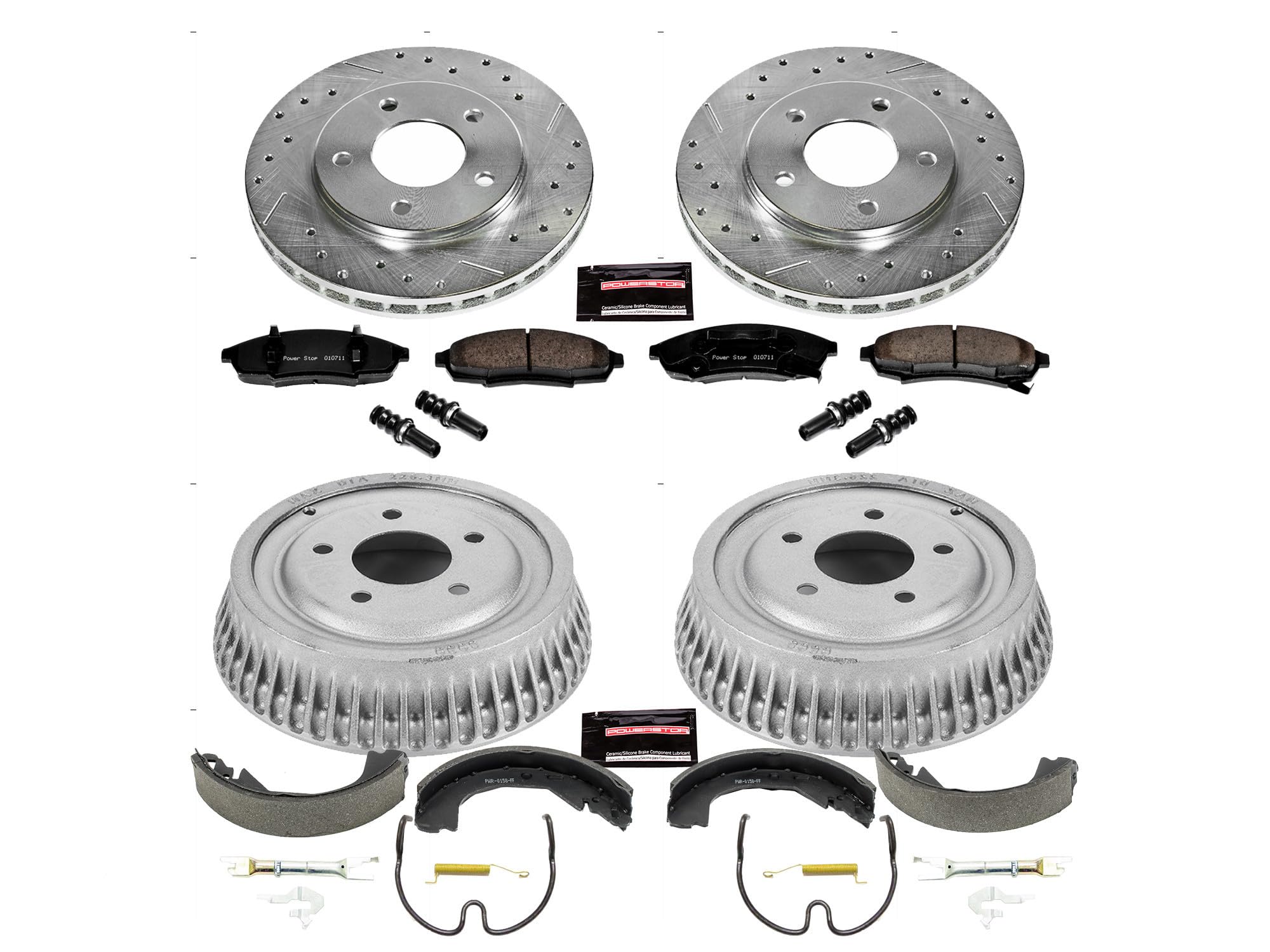 Power Stop K15124DK Z23 Carbon Fiber Brake Pads Front and Rear with Drilled & Slotted Brake Drums Kit For Chevrolet Lumina 1995 [Model Specific]