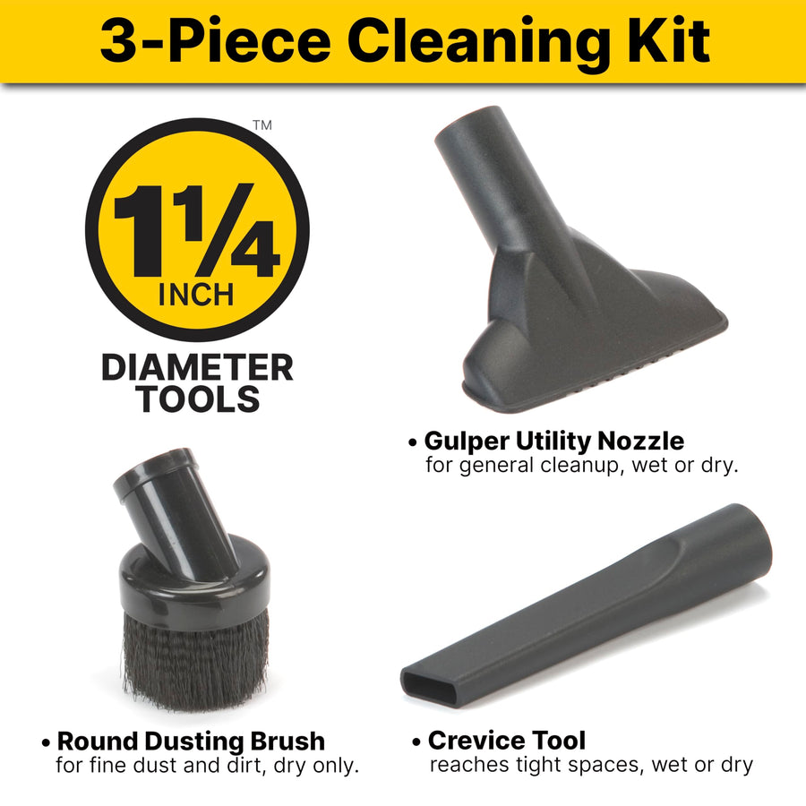 1.25 Inch Diameter Shop-Vac Cleaning Kit, Includes Round Brush, Crevice Tool, and Gulper Nozzle, Black, Ideal for Upholstery, Blinds, and Car Interiors (1-Pack)