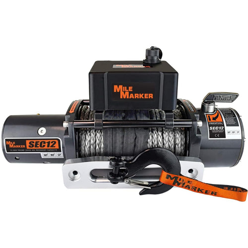 SEC12 Mile Marker 76-53251BW Winch - 12000 lb. Pull Strength - Synthetic Rope & Hawse Fairlead - Built for Tough Terrains - Waterproof - Handheld Remote Controller Included - Withstands Rigorous Use