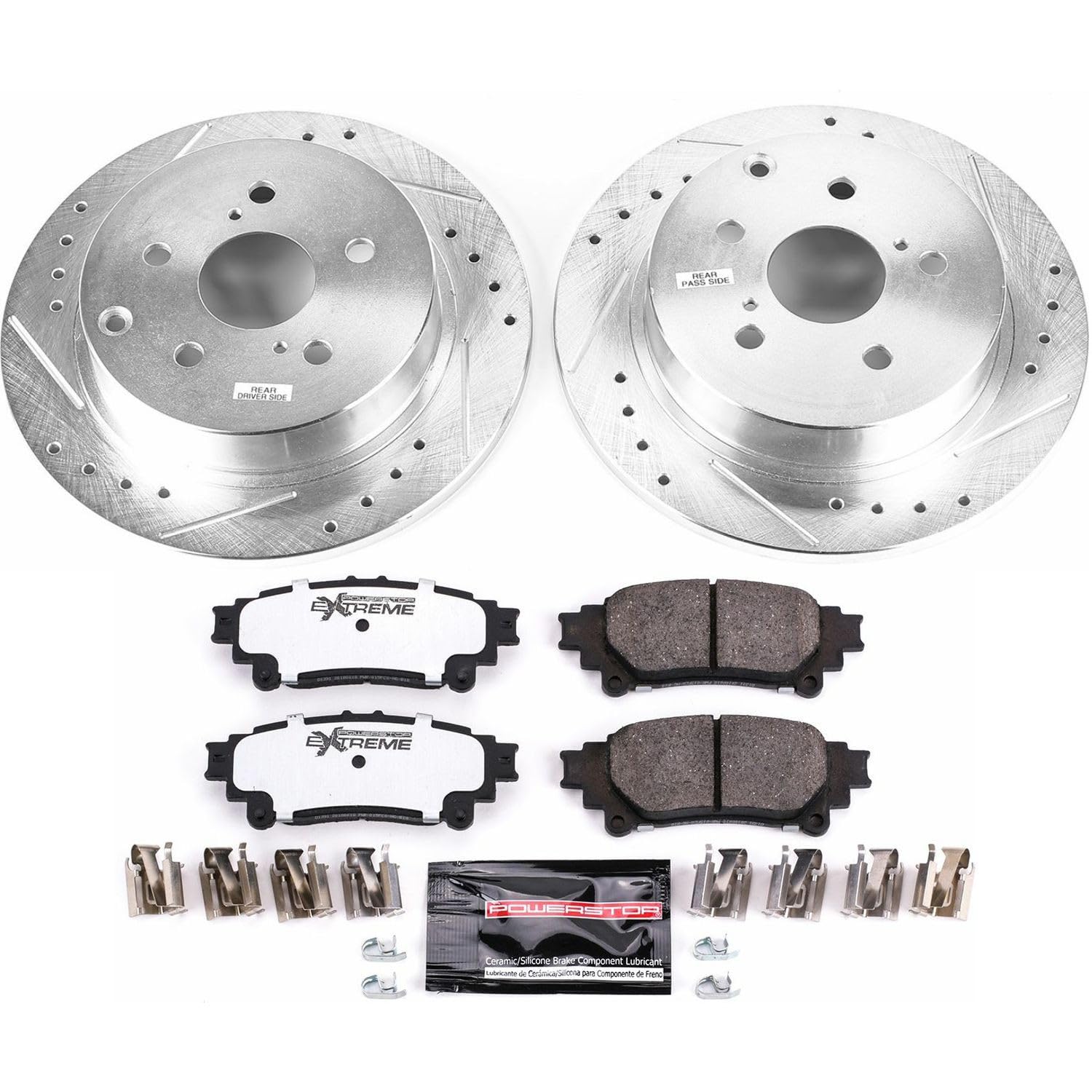 Rear Brake Kit Power Stop For 2016 2017 2018 2019 Toyota Mirai - Truck & Tow Carbon Fiber Ceramic Brake Pads & Drilled and Slotted Rotors Replacement, K6099-36