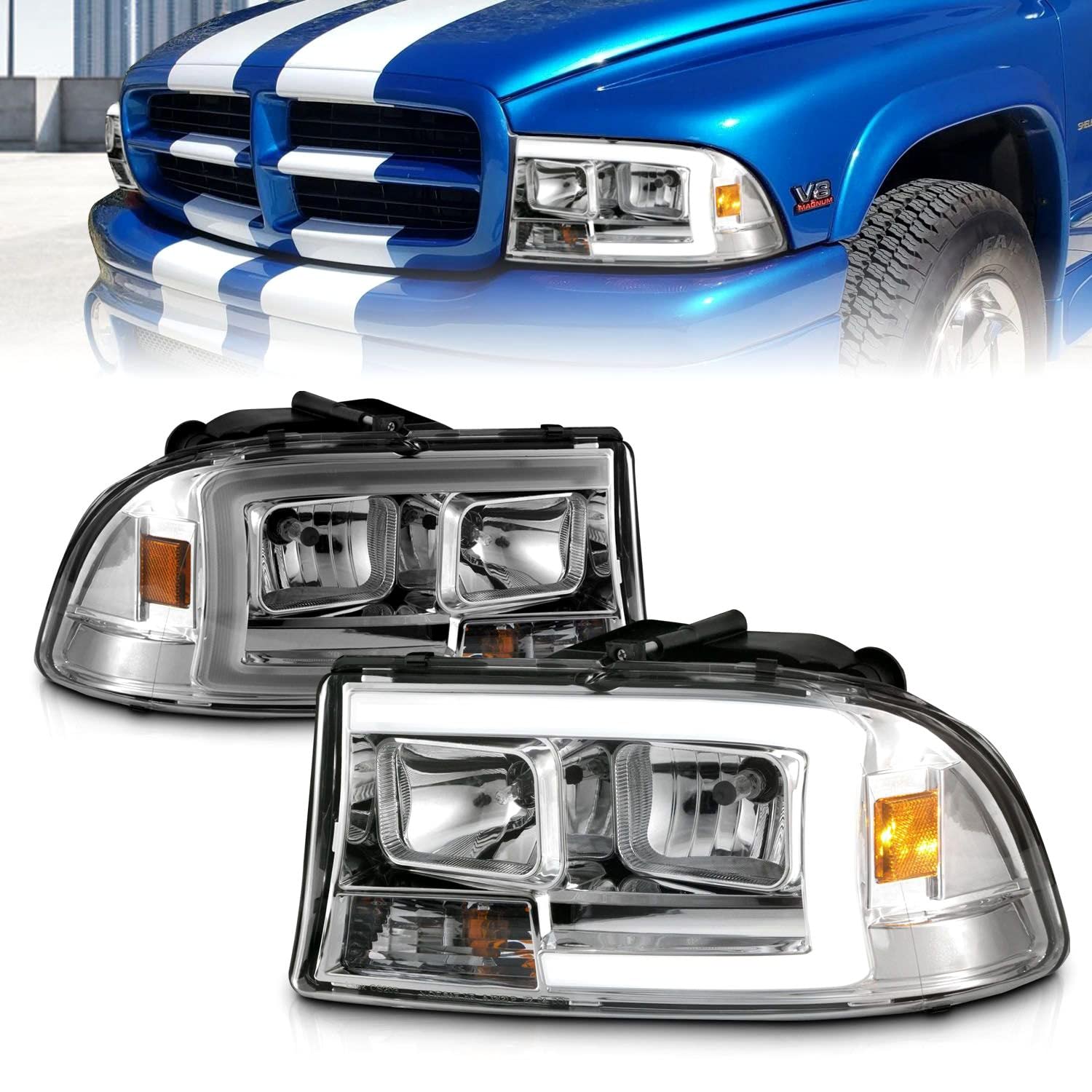 97-04 Dodge Dakota/Durango ANZO Crystal Headlight Set w/Light Bar Chrome Housing