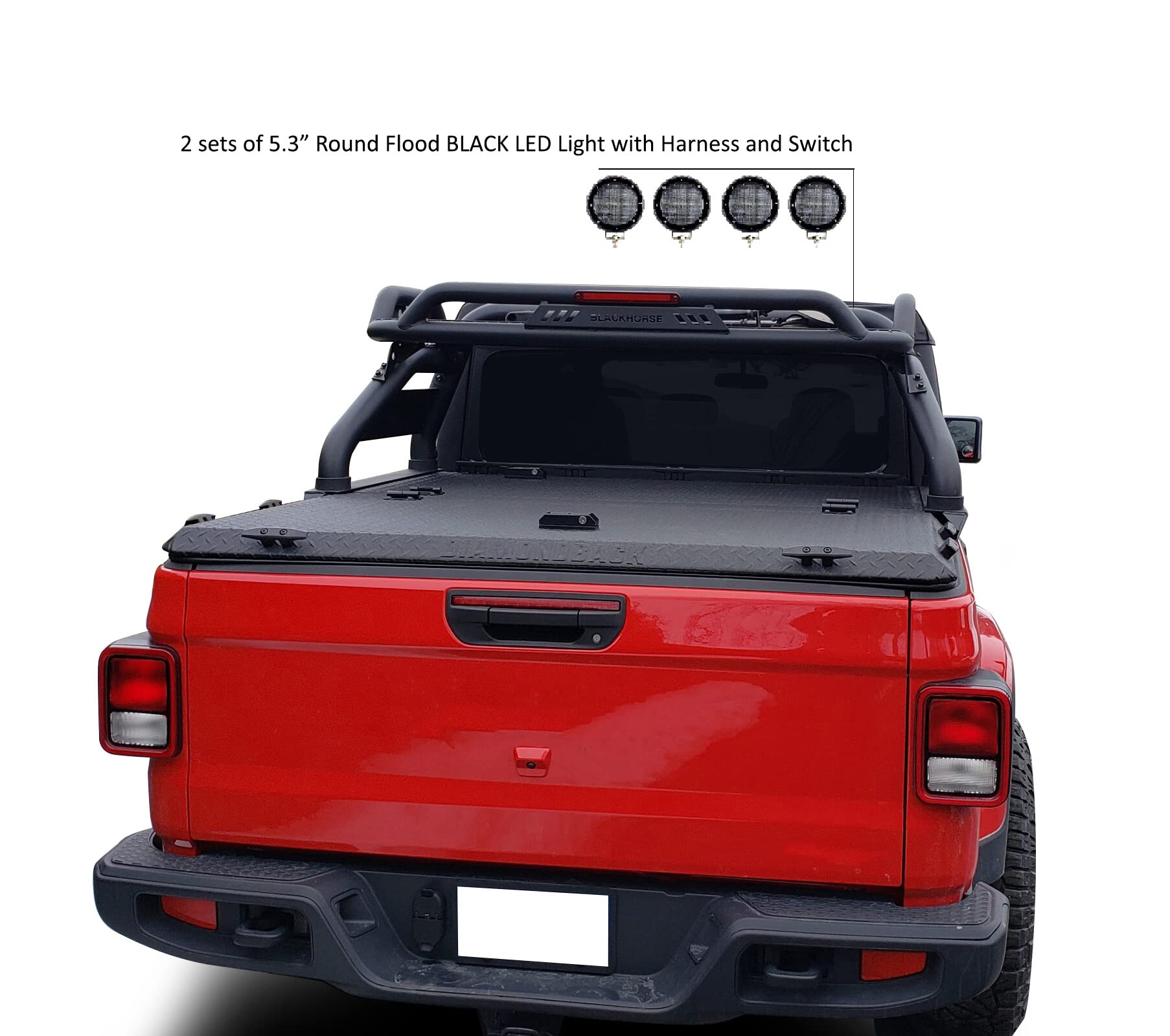 ATLAS Black Horse Roll Bar Incl. Set of 5.3"Dia.LED Lights w/Black Trim Rings Compatible with 2020-2024 Jeep Gladiator-ATRB9BK-PLFB