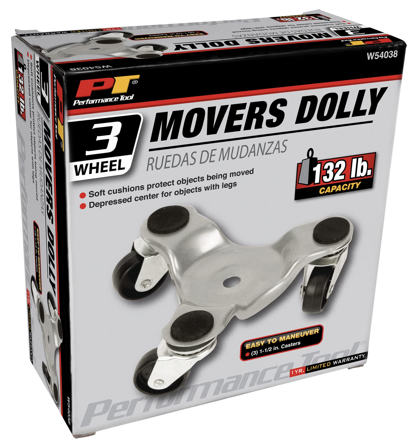 W54038 Performance Tool Soft Cushioned Moving Dolly with Depressed Center and 132lb Capacity, 3 Casters