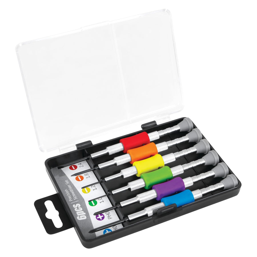 W1732 Performance Tool Precision Screwdriver Set with Color Coded Grips, Brass Handles, Chrome Vanadium Blades, and Reusable Storage Case, 6-Piece