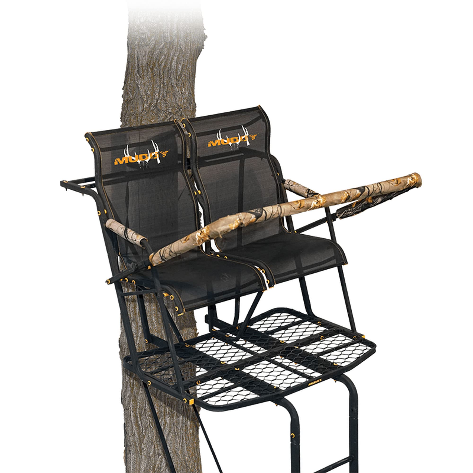 The Rebel MUDDY 2.5 Deer Hunting Ladderstand, 17 Foot 2 Person Climbing Tree Stand with Flex-Tek Seat, Armrests, Shooting Rail, & 45”W X 30”D Platform