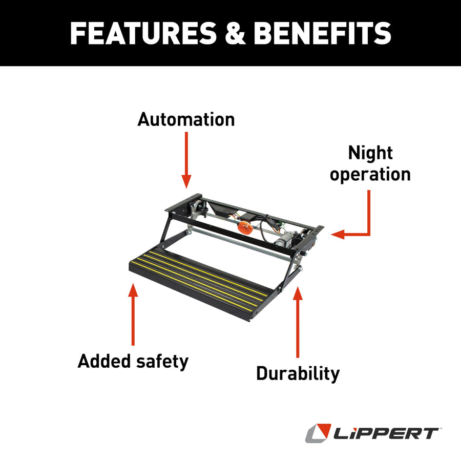 Kwikee Single Step Revolution Series Electric RV Step — Automatically Extending RV Travel Trailer Step — Heavy-Gauge Steel — Improved Visibility with Hidden Light — 300 lb. Weight Capacity — 372604