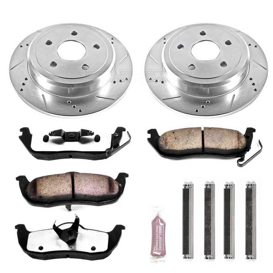 Rear Brake Kit Power Stop For 2006 2007 2008 2009 2010 Jeep Commander - Truck & Tow Carbon Fiber Ceramic Brake Pads & Drilled and Slotted Rotors Replacement, K2221-36