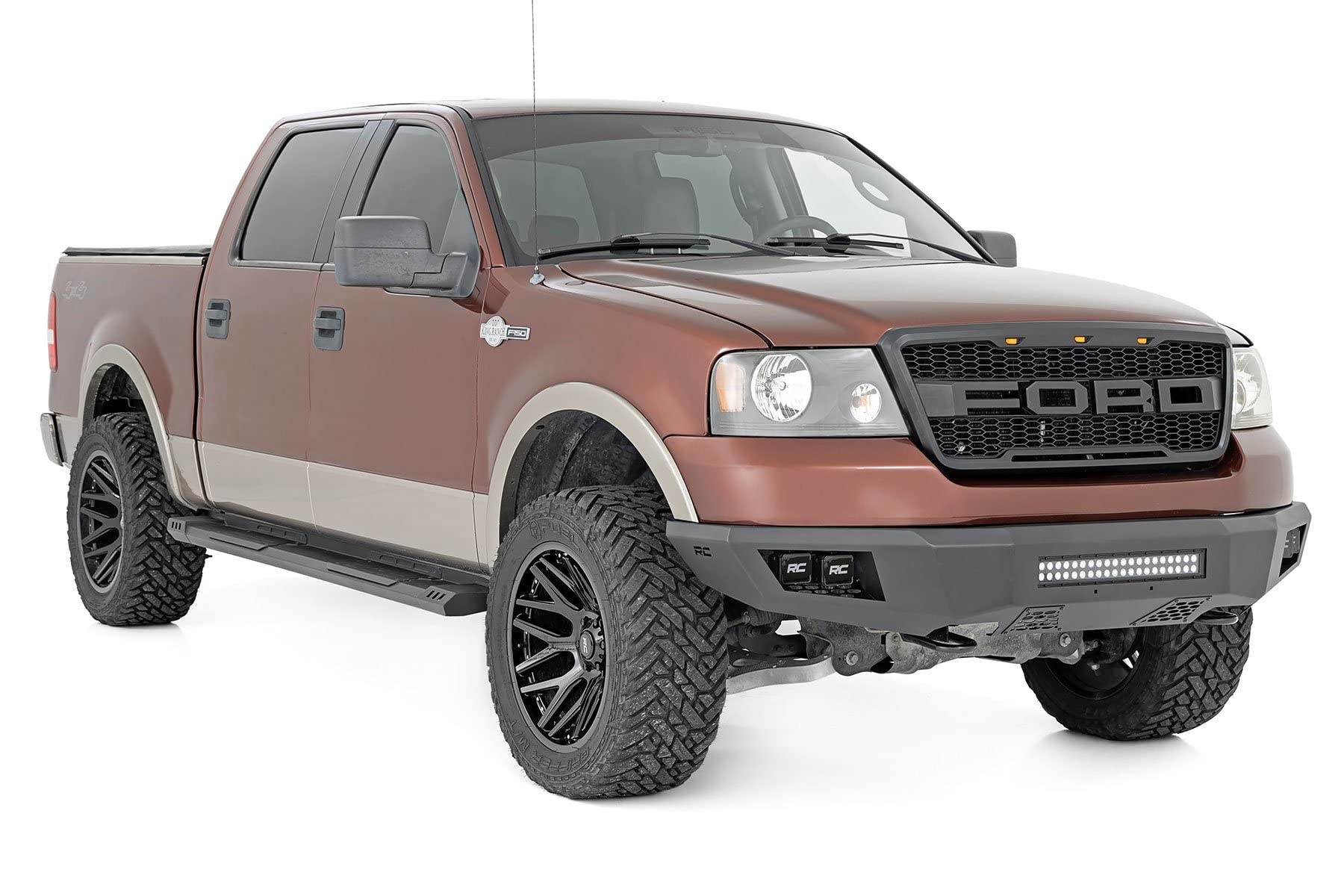 Front Rough Country LED Bumper for Ford F-150 (2004–2008) - Heavy-Duty Steel, Includes 20" LED Light Bar & (4) 2" LED Cubes, No-Drill Install