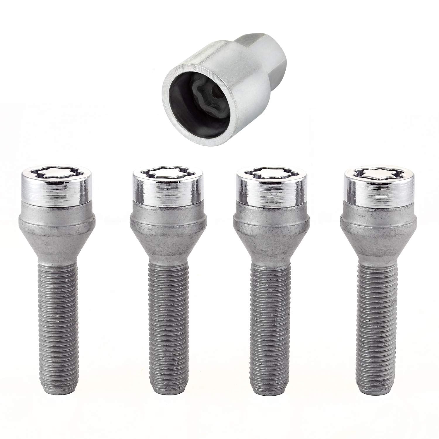 McGard Chrome Bolt Style 27111 Cone Seat Wheel Locks (M12 x 1.5 Thread Size) - Set of 4, 4 Locks / 1 Key