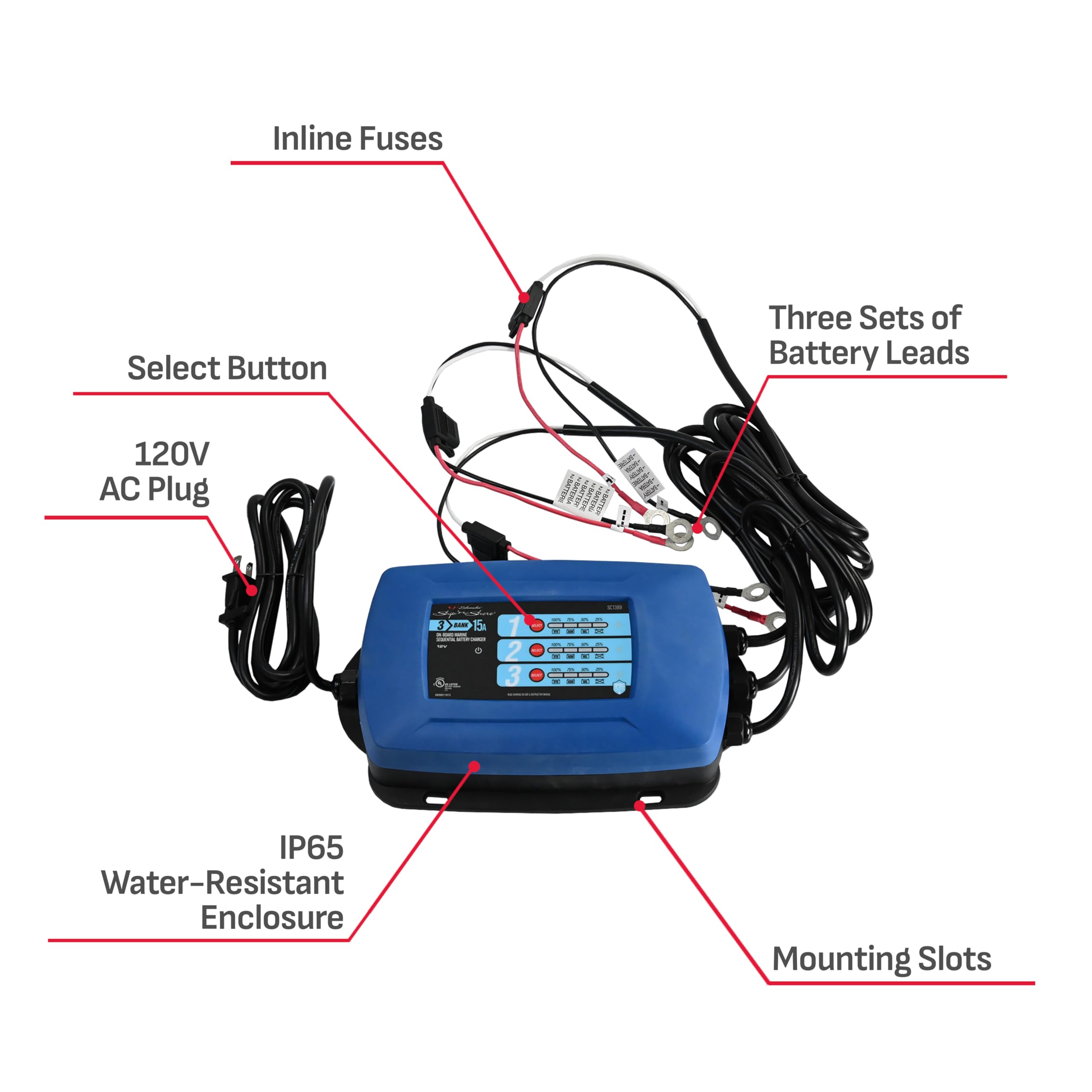 Fully Automatic Schumacher-SC1389 Direct-Mount 3-Battery Charger and Maintainer - 15 Amp, 12V - for Marine Batteries