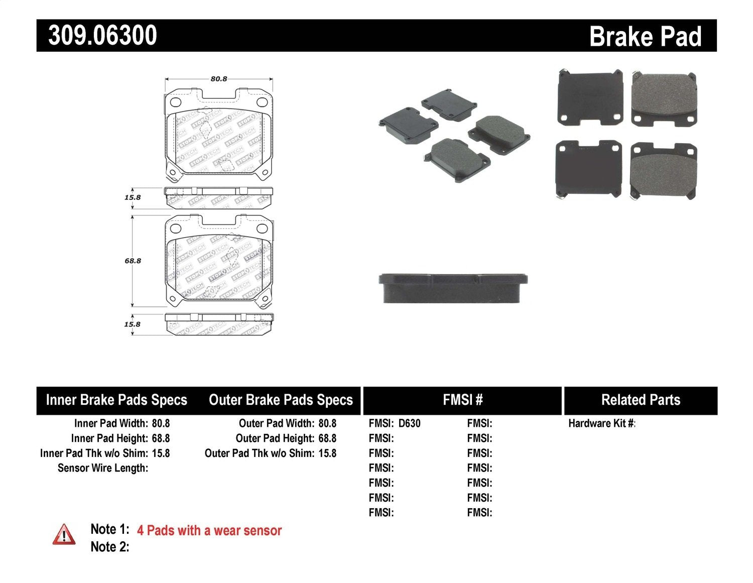 Sport Brake Pads StopTech 309.06300 with Shims