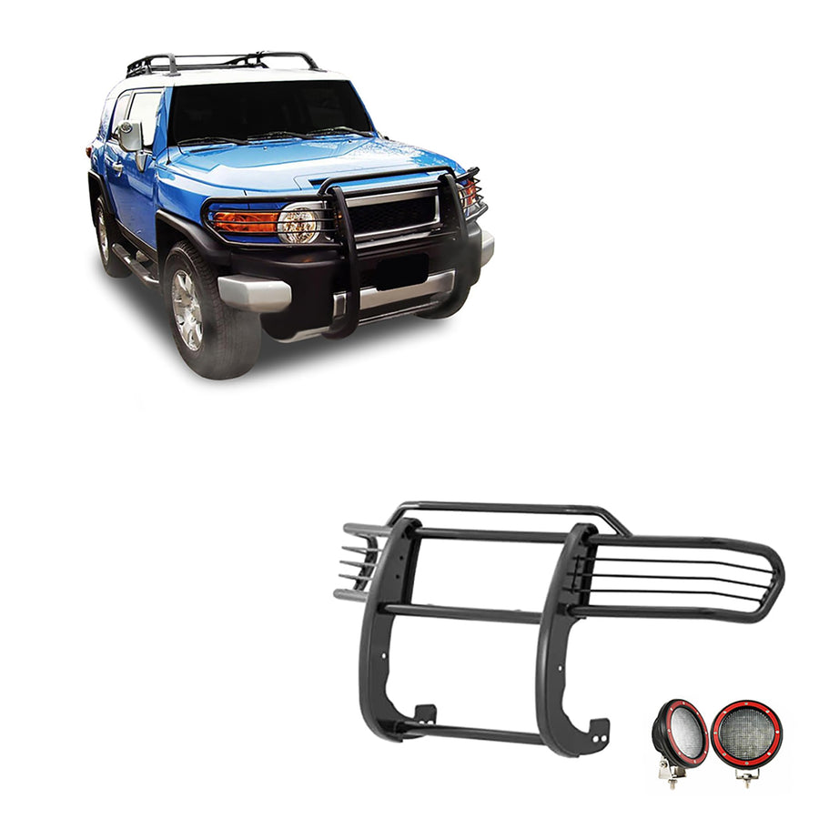 Grille Brush Black Horse Bumper Guard Modular Black Come with Pair of 5.3" Dia.LED Lights with Red Trim Rings Compatible with 2007-2014 Toyota FJ Cruiser-17A098600MA-PLFR
