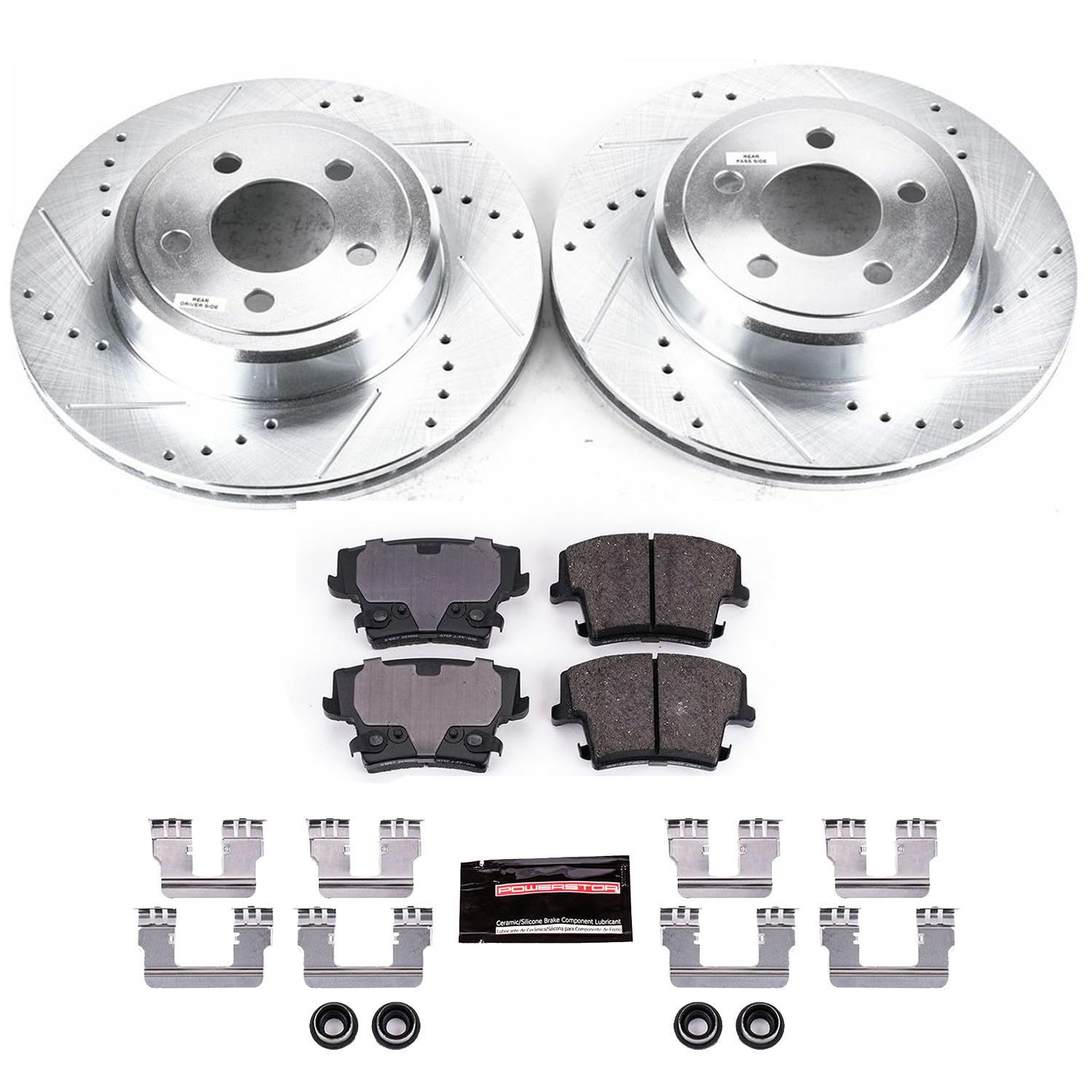 Power Stop K1720 Z23 Rear Carbon Fiber Brake Pads with Drilled & Slotted Brake Rotors Kit For 2005-2021 Chrysler 300 300C | 2006-2022 Dodge Charger | 2009-2022 Challenger [Application Specific]