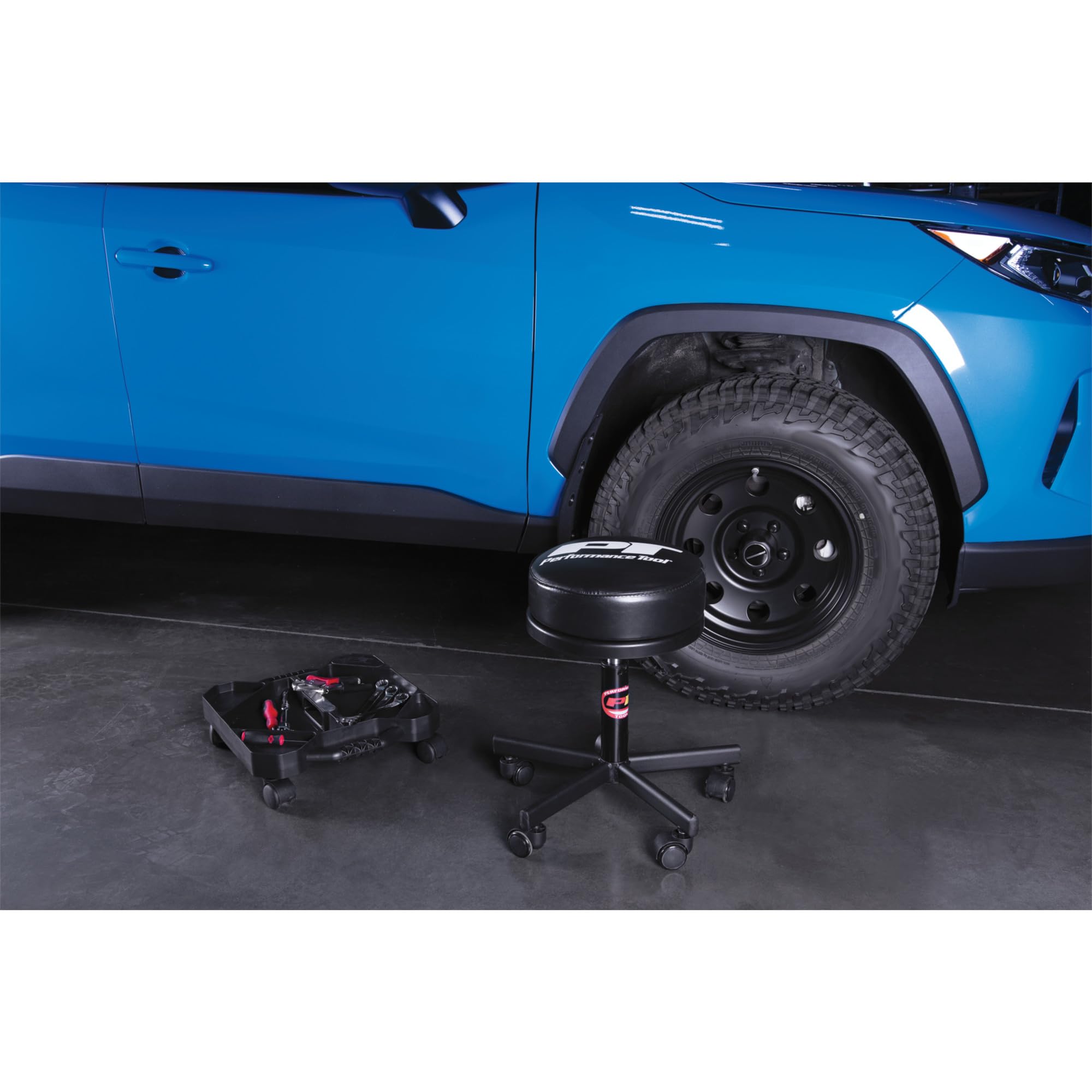 W85033 Performance Tool Extra-Thick Big Top Pneumatic Rolling Shop Stool for Mechanic Garages and Workshops, Black, 19x19x18.5-Inches
