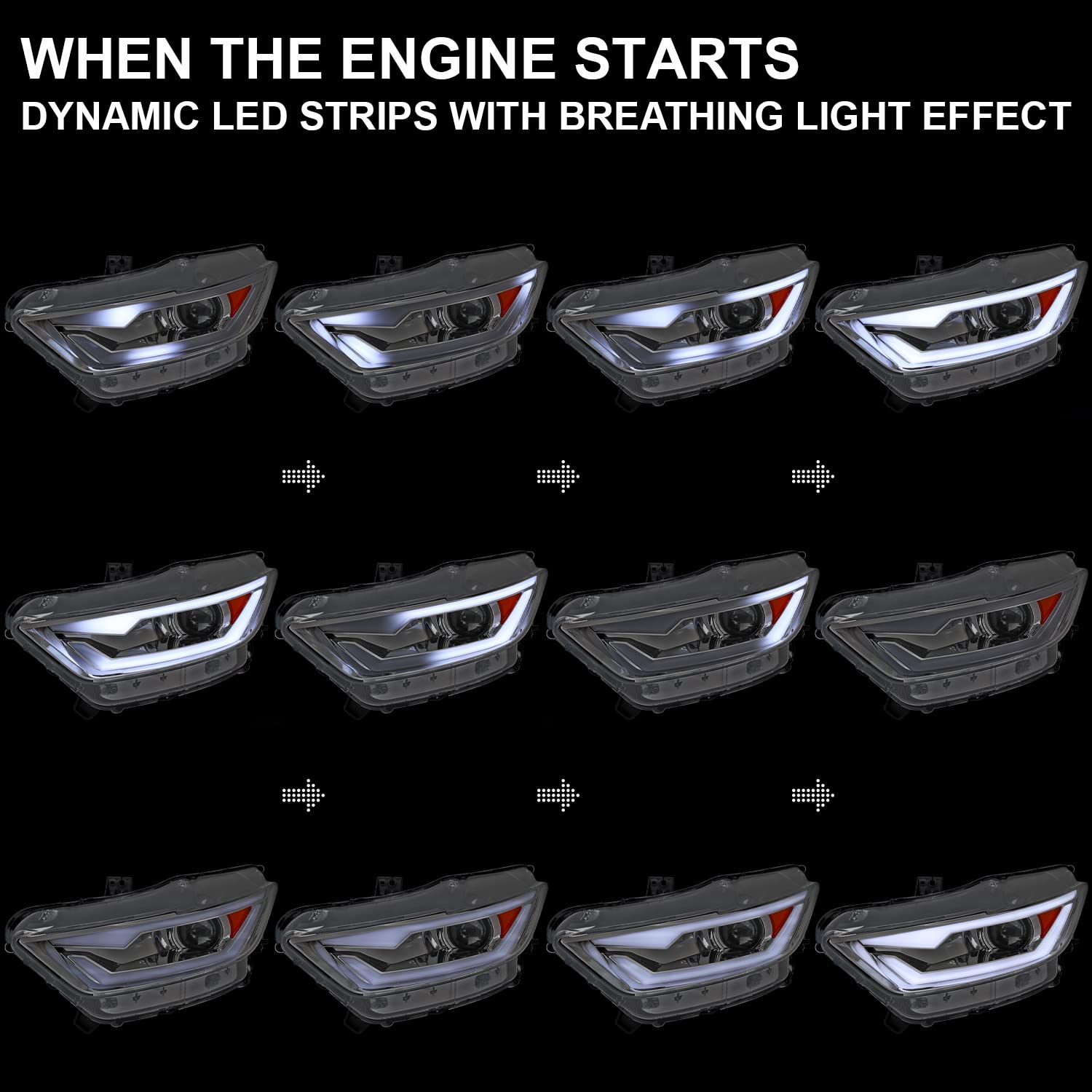HID/Xenon Projector Headlights SPEC-D TUNING w/Fiber Optic Sequential Switchback LED Strip, Startup Animation Compatible with 2015-2017 Ford Mustang Models, Left + Right Pair Headlamps