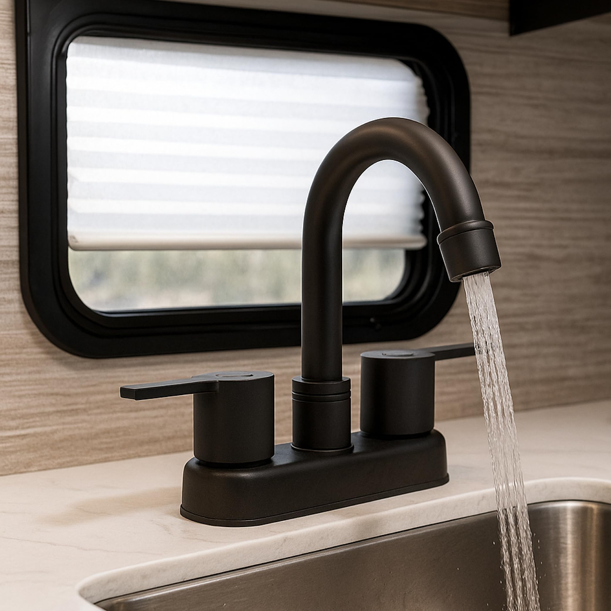 Dura Faucet Modern (DF-PB155M-MB) RV Bathroom Faucet with Dual Levers – Matte Black 4-Inch Center Set, High-Arc Spout, Easy 2-Hole Installation – Lightweight, Lead-Free, and Washerless Design