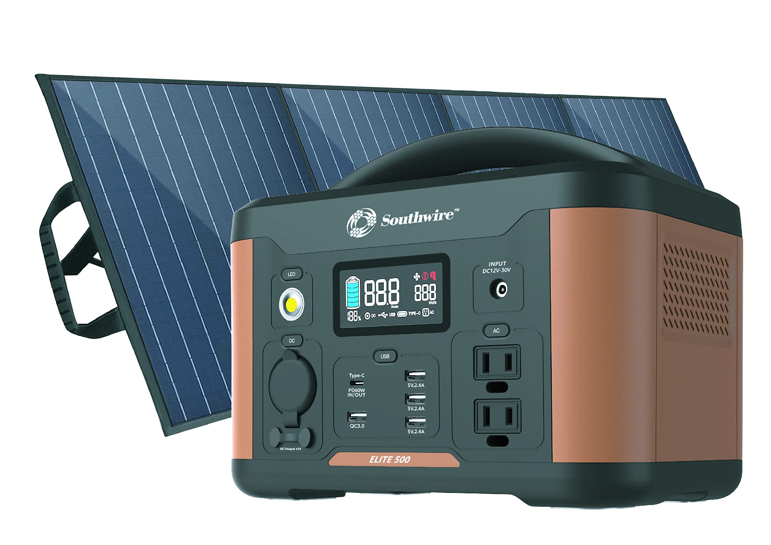 500 Series Southwire Elite, 515Wh Backup Lithium Battery, 120V/500W Pure Sine Wave AC Outlet, Solar Generator, with 100W Solar Panel Included for Home Backup Power, Emergency Power, Camping and more