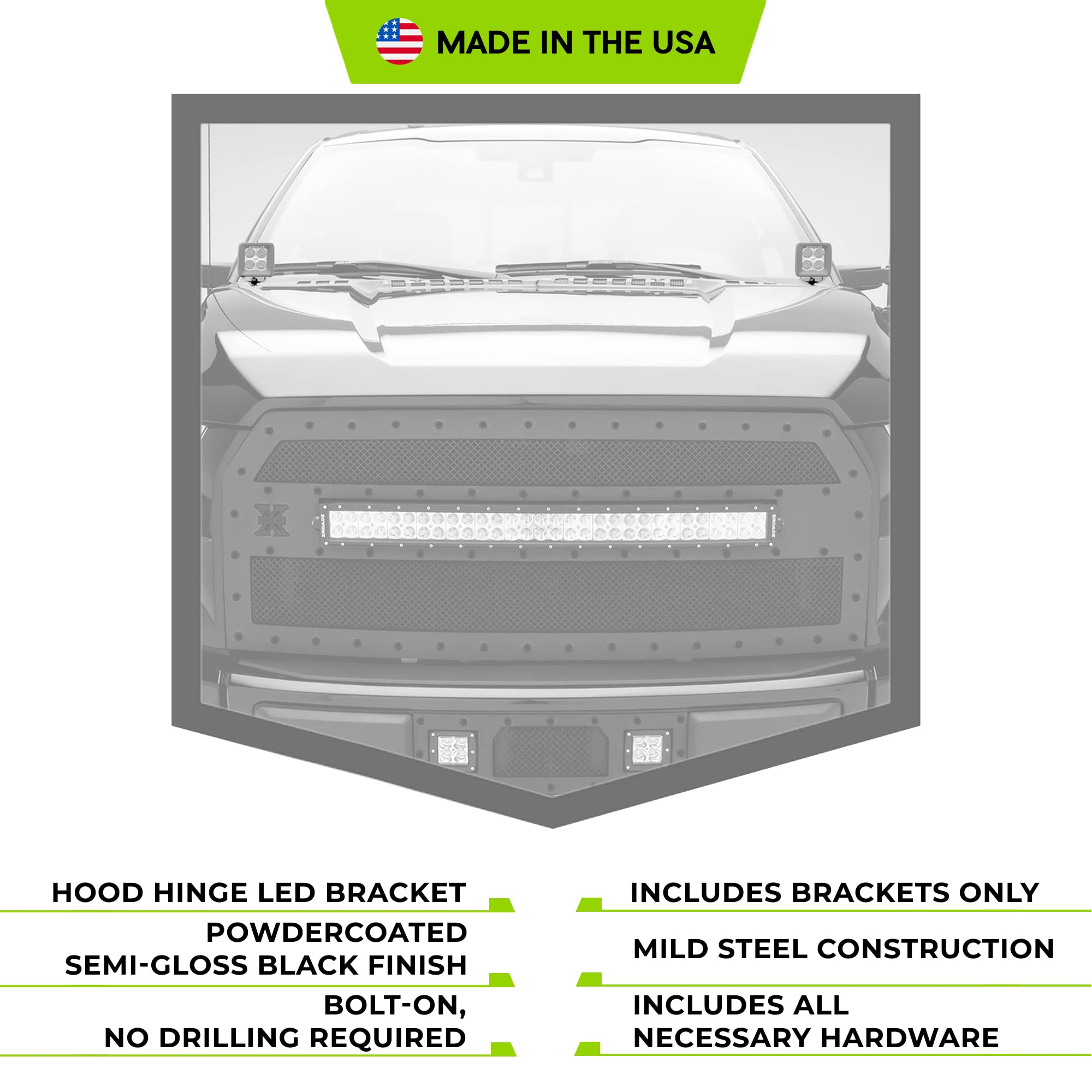 ZROADZ Hood Ditch Hinge LED Mounting Bracket - Compatible w/ 2015-2017 Ford F150 - to Mount (2) 3 Inch LED Pod Lights - Mild Steel Gloss Black - Easy Bolt-On Installation - PN #Z365731