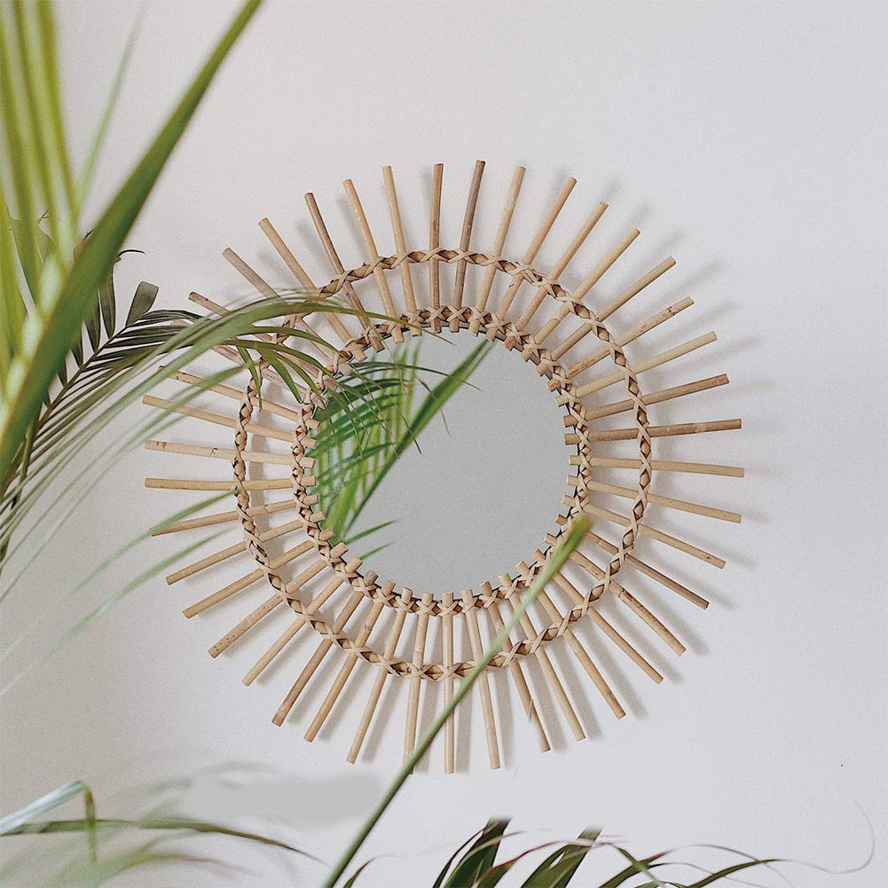 Rattan Wall Hanging Alicer Decoration Mirror Nordic Style Bathroom Sun Shape Mirror Makeup for Home, Living Room, Bathroom
