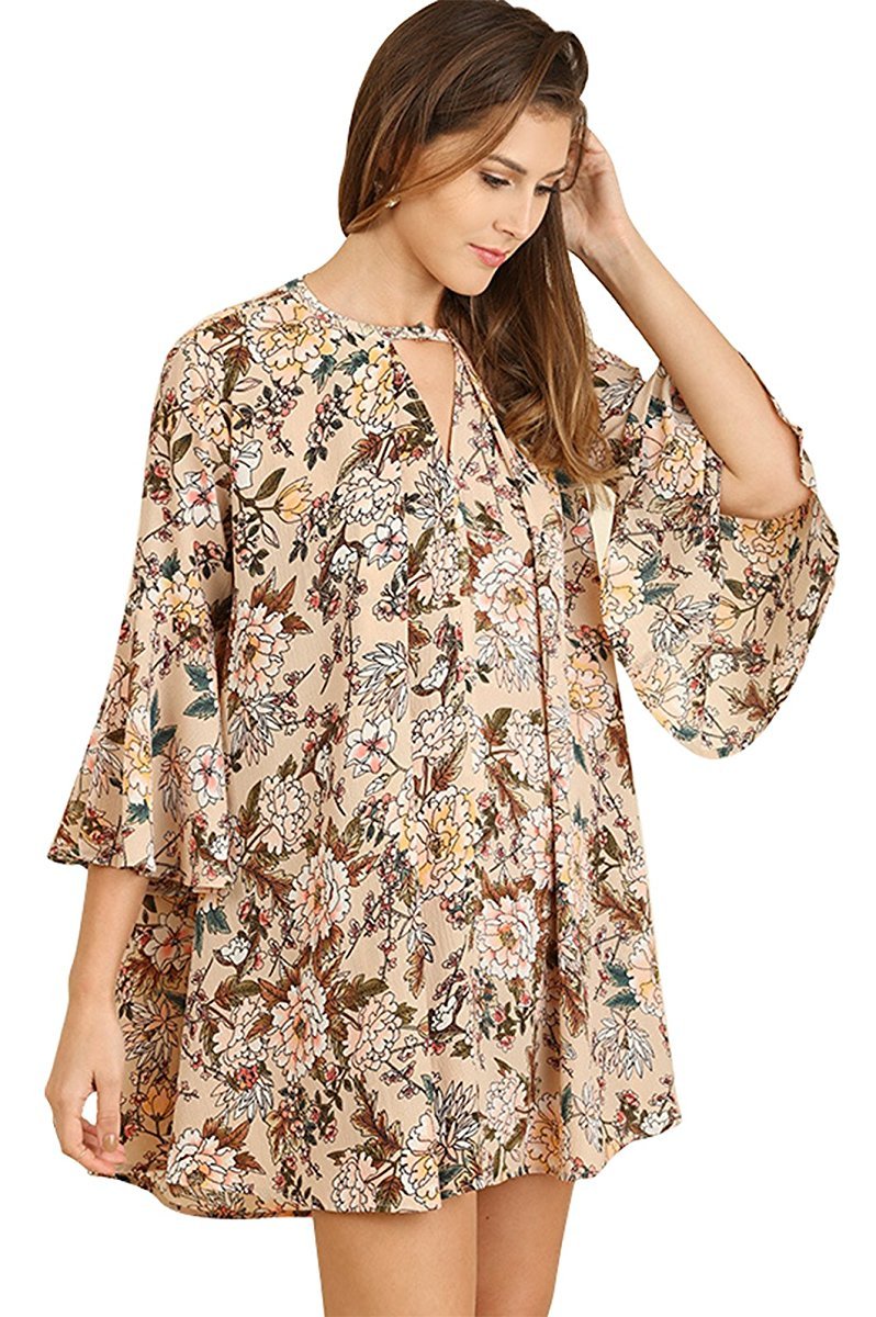 Boho USA Umgee Floral Print Hippie Dress Tunic with Keyhole Neckline and Bell Sleeves (1XL Plus, TAUPE MIX WR7517)